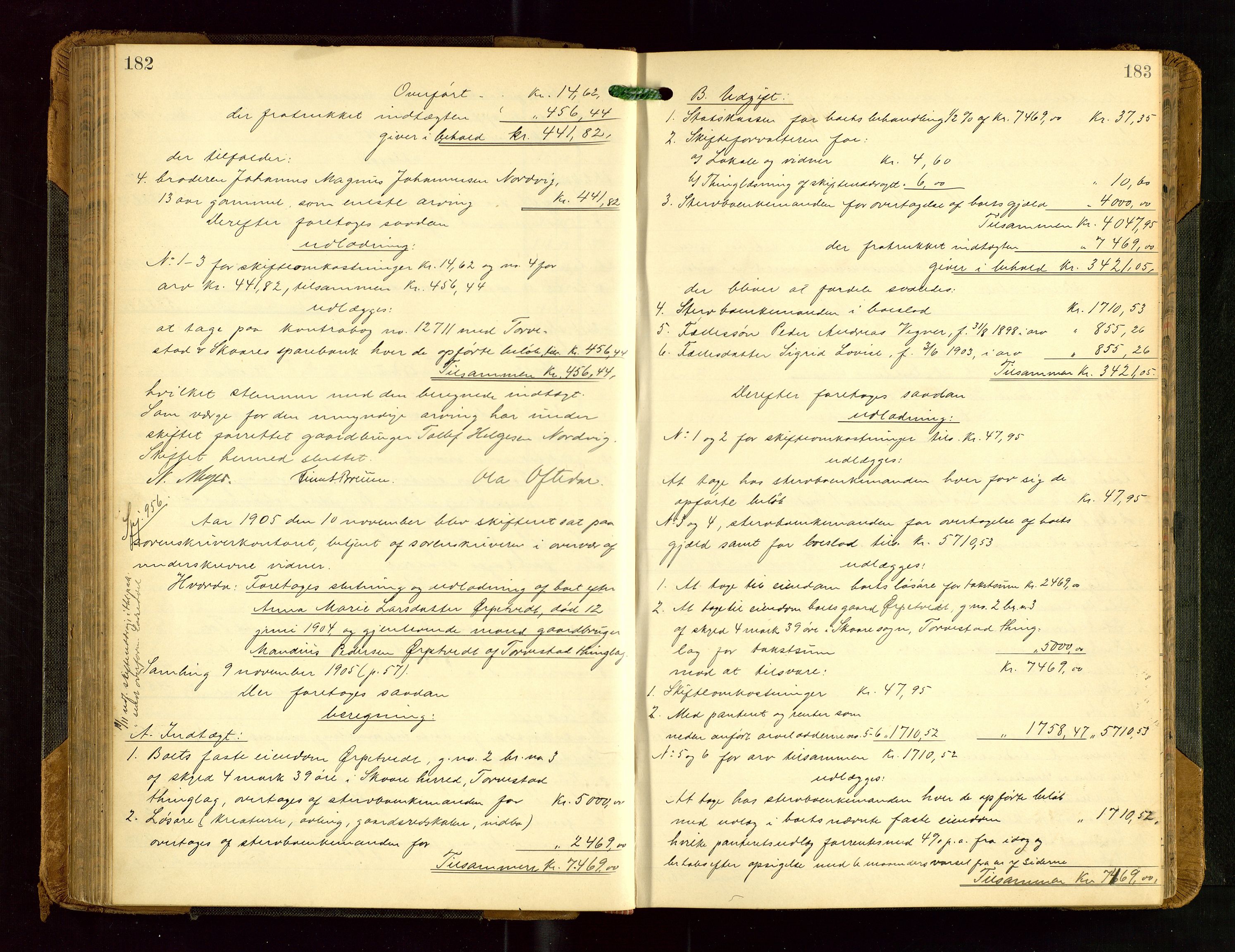 Karmsund sorenskriveri, AV/SAST-A-100311/01/IV/IVGB/L0001: SKIFTEUTLODNINGSPROTOKOLL, 1904-1911, p. 182-183
