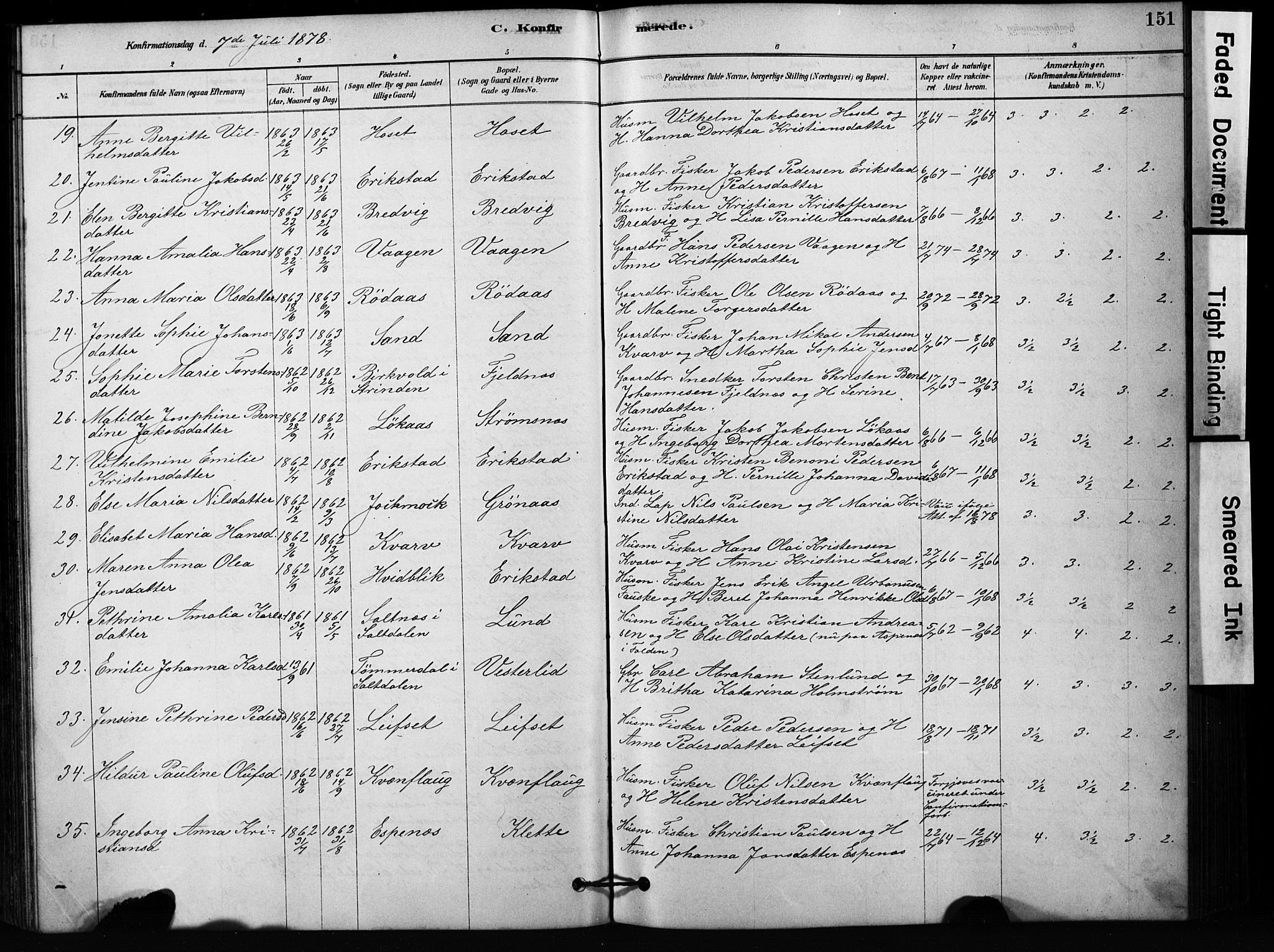 Ministerialprotokoller, klokkerbøker og fødselsregistre - Nordland, AV/SAT-A-1459/852/L0754: Parish register (copy) no. 852C05, 1878-1894, p. 151