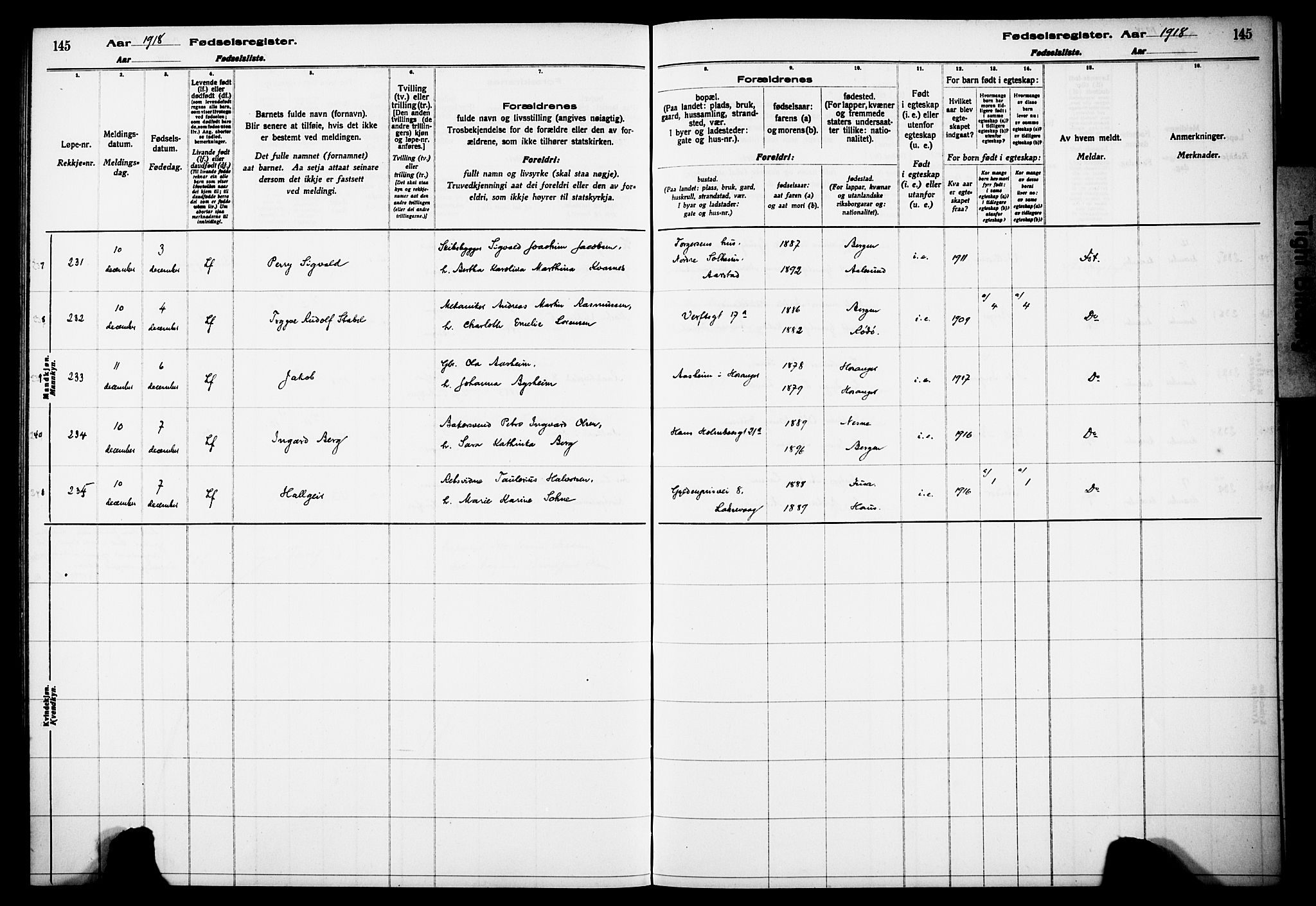 Kvinneklinikken, AV/SAB-A-76301/F/L0A01: Birth register no. A 1, 1916-1920, p. 145