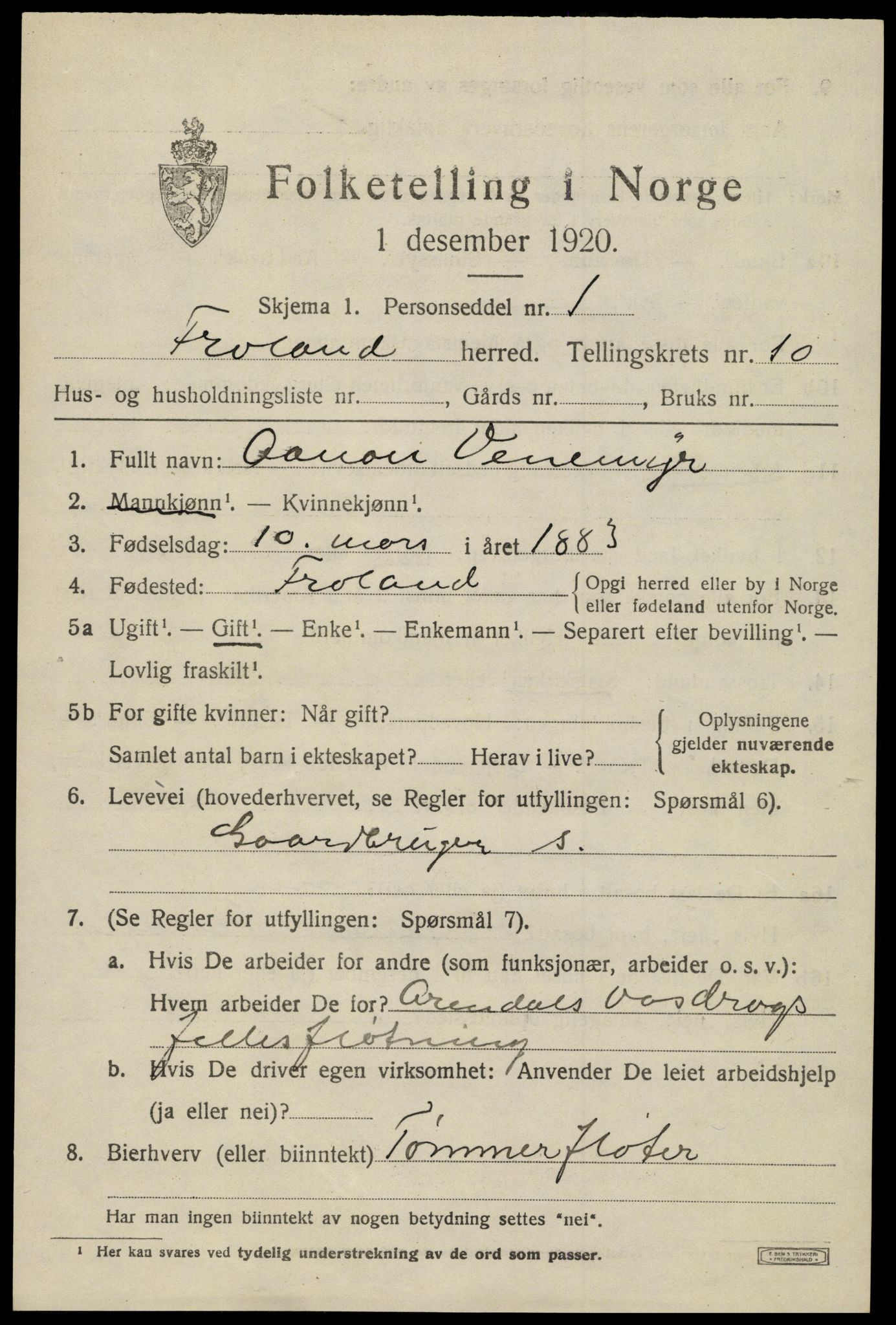 SAK, 1920 census for Froland, 1920, p. 5665