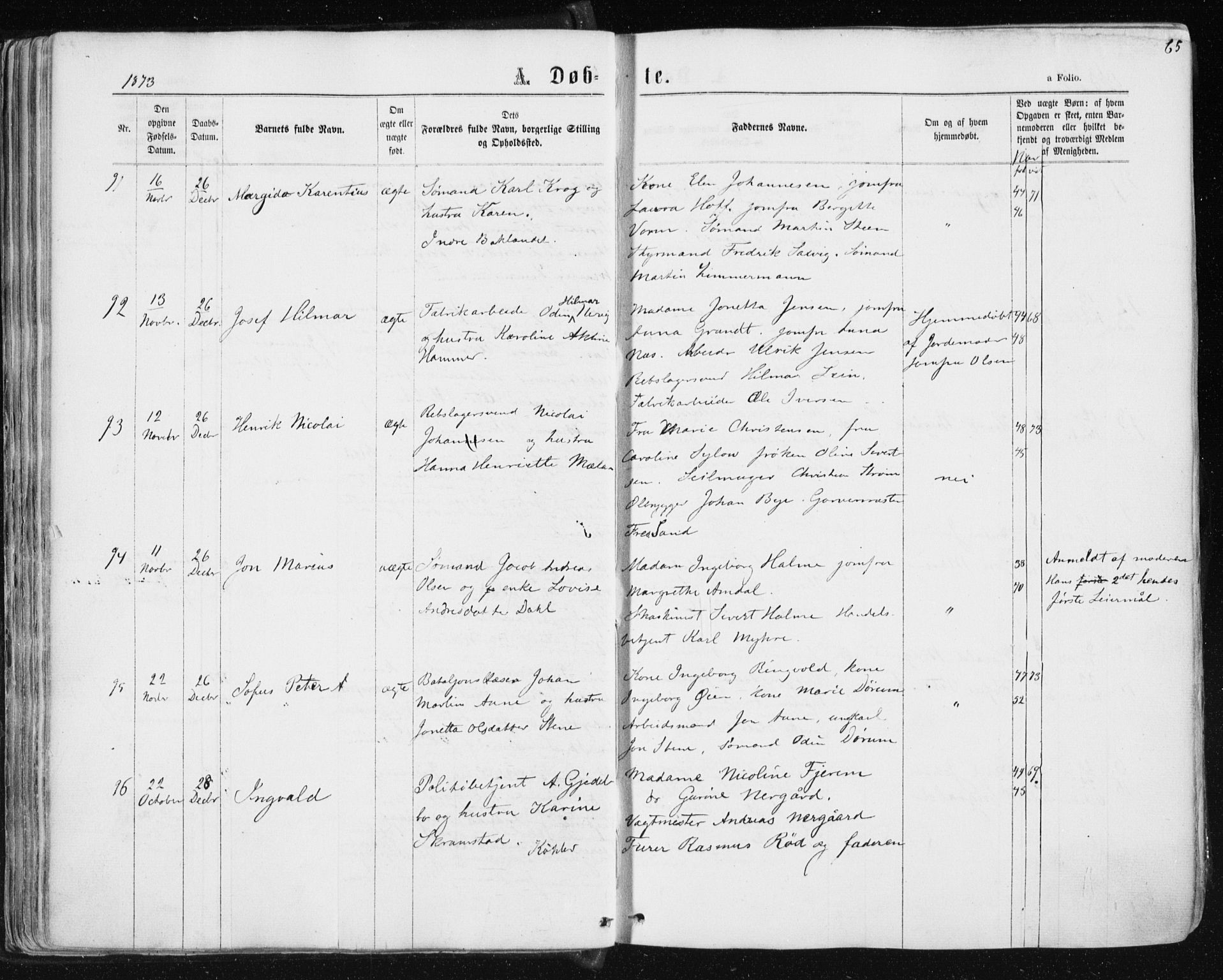 Ministerialprotokoller, klokkerbøker og fødselsregistre - Sør-Trøndelag, SAT/A-1456/604/L0186: Parish register (official) no. 604A07, 1866-1877, p. 65