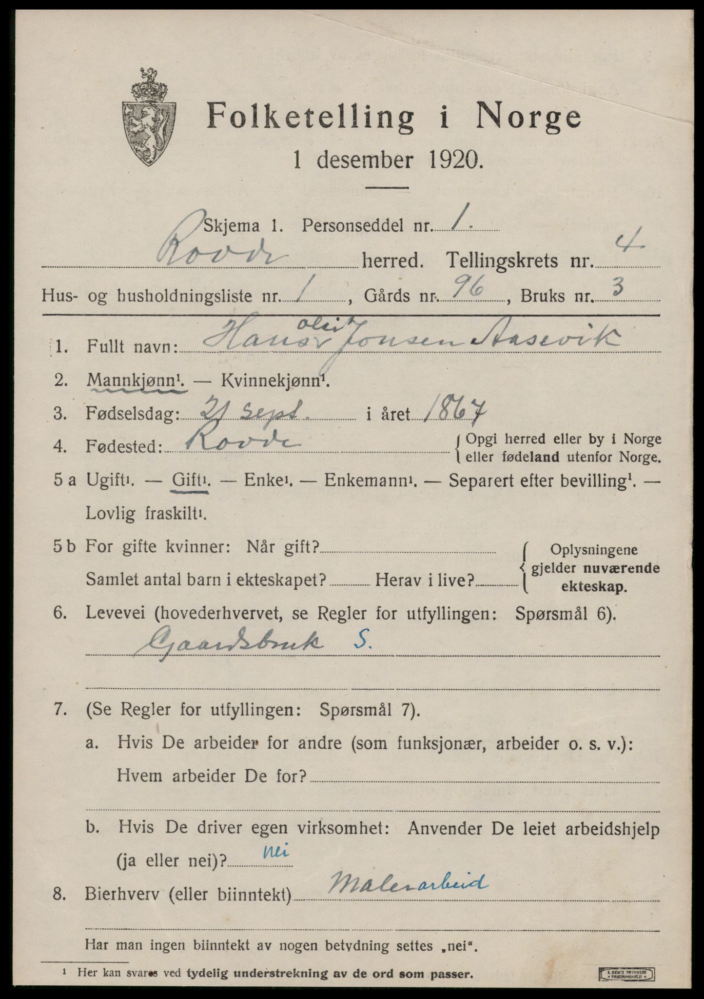 SAT, 1920 census for Rovde, 1920, p. 1277