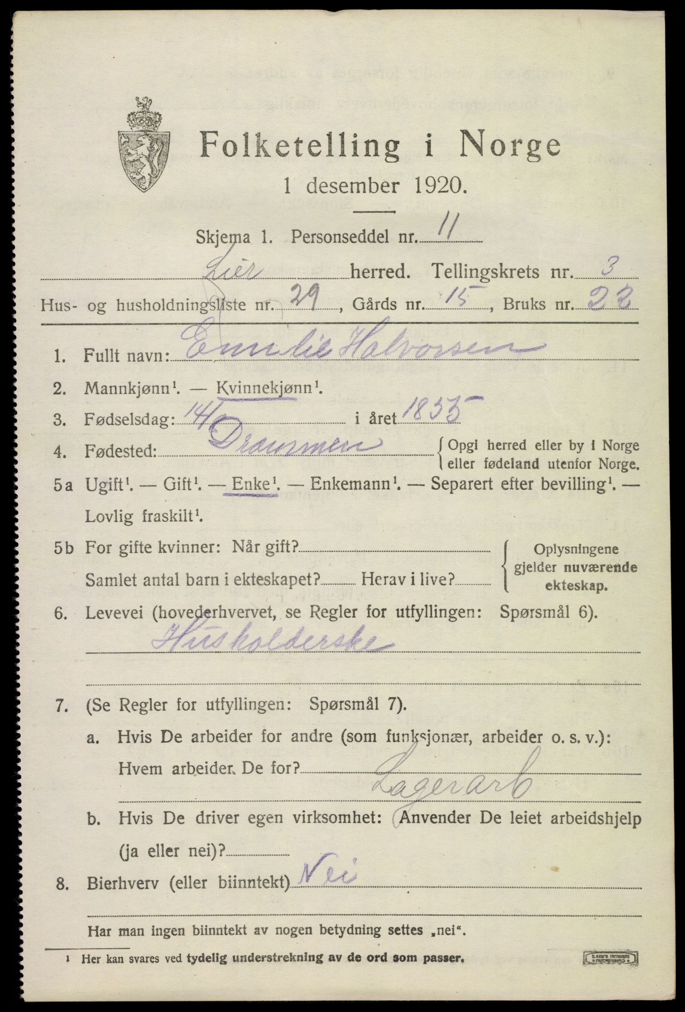 SAKO, 1920 census for Lier, 1920, p. 6438