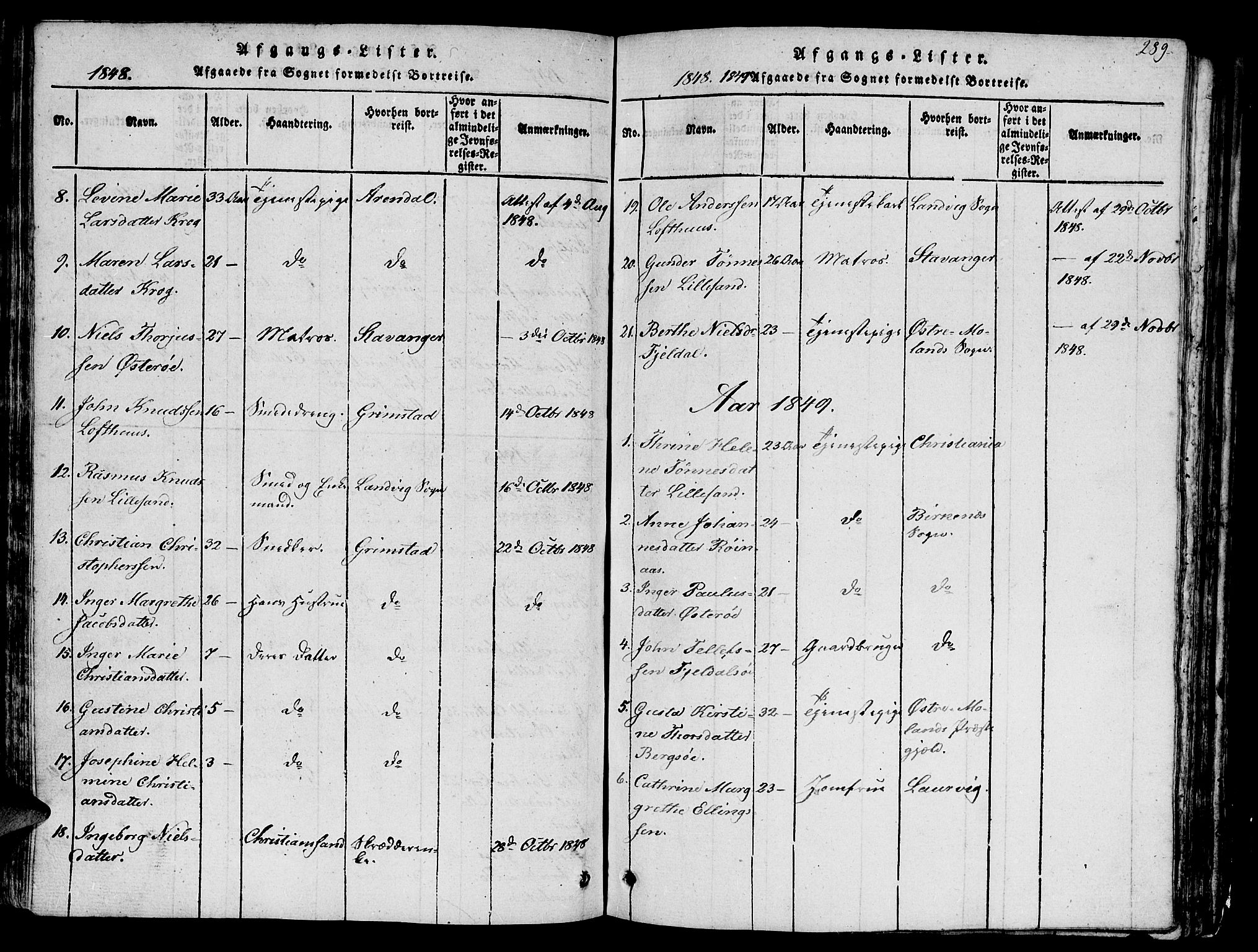 Vestre Moland sokneprestkontor, SAK/1111-0046/F/Fb/Fbb/L0001: Parish register (copy) no. B 1, 1816-1851, p. 289
