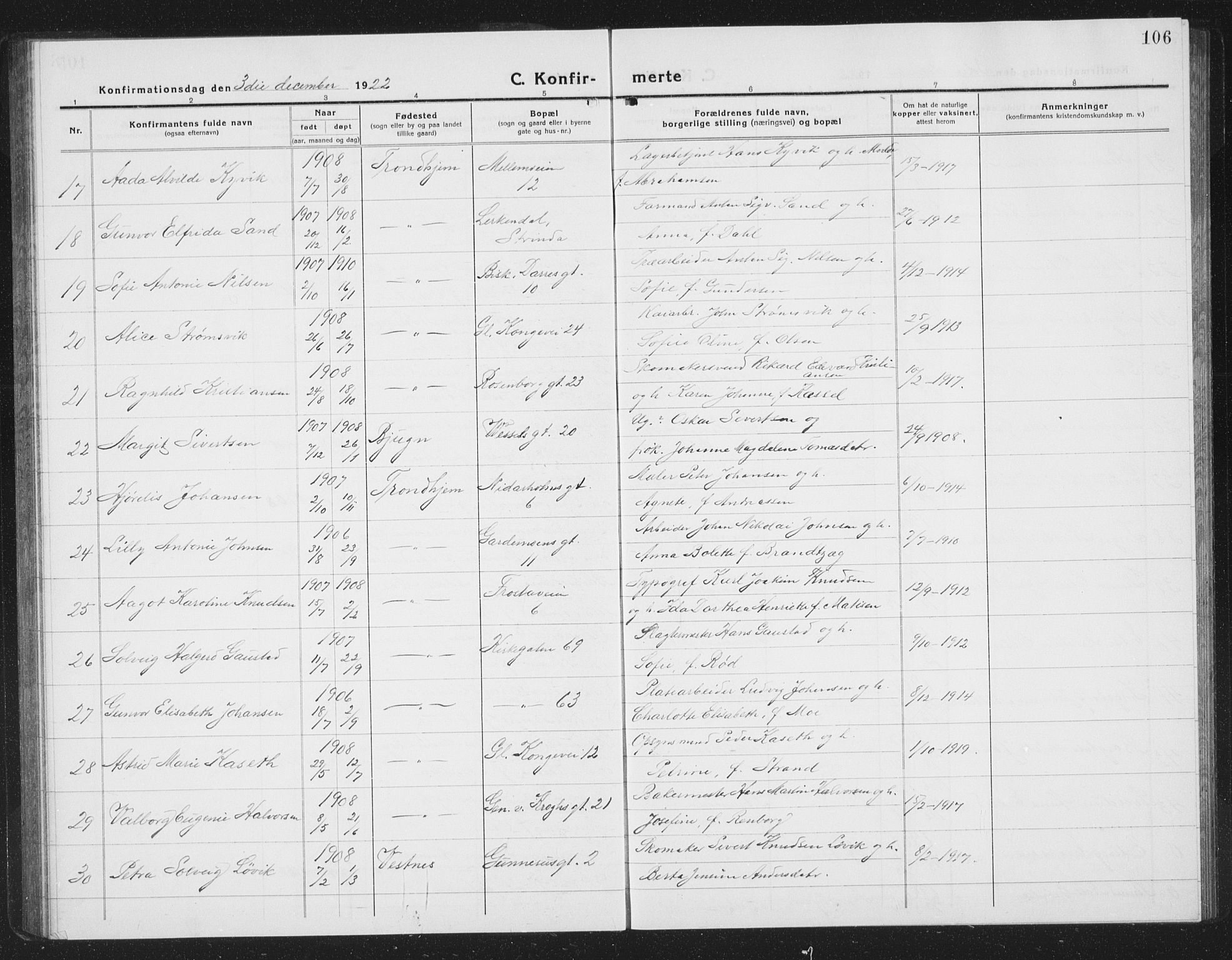 Ministerialprotokoller, klokkerbøker og fødselsregistre - Sør-Trøndelag, AV/SAT-A-1456/605/L0258: Parish register (copy) no. 605C05, 1918-1930, p. 106