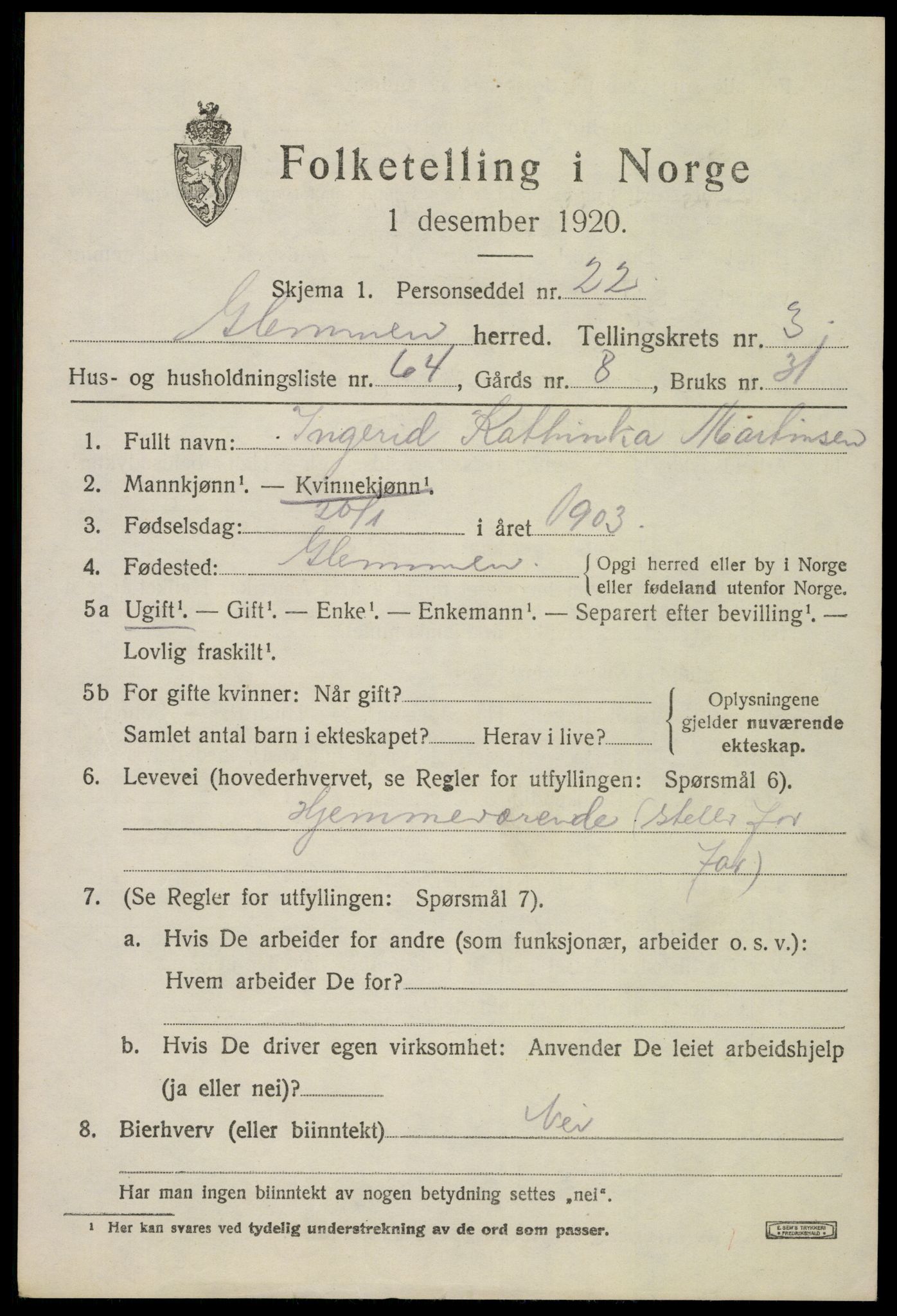 SAO, 1920 census for Glemmen, 1920, p. 7301