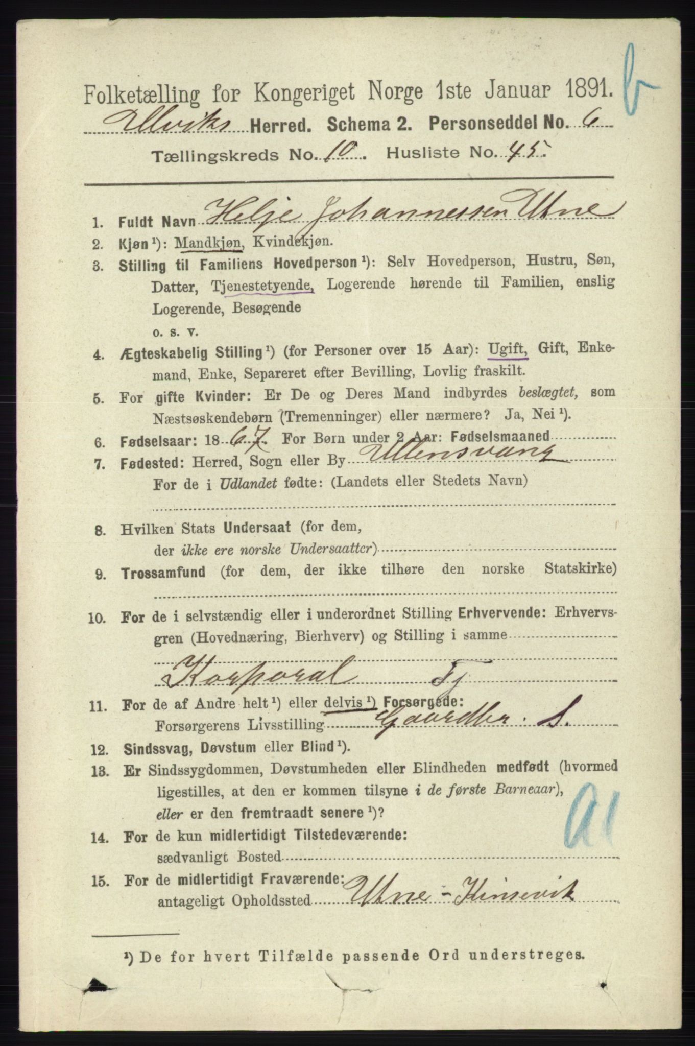 RA, 1891 census for 1233 Ulvik, 1891, p. 3438