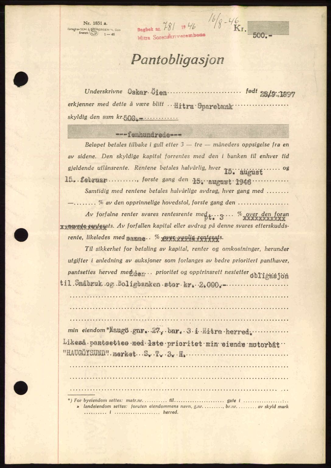 Hitra sorenskriveri, AV/SAT-A-0018/2/2C/2Ca: Mortgage book no. B1, 1939-1949, Diary no: : 781/1946