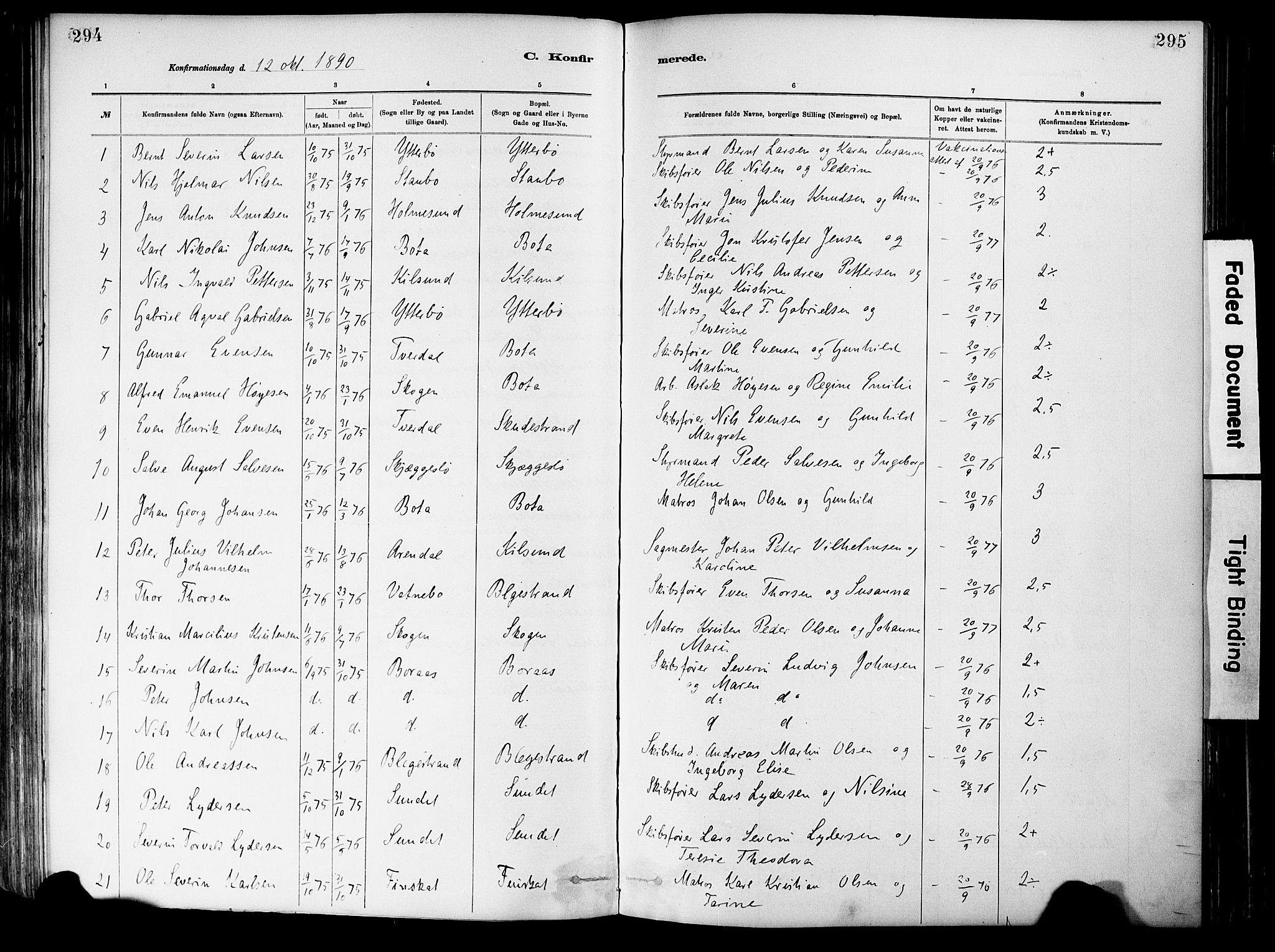 Dypvåg sokneprestkontor, SAK/1111-0007/F/Fa/Fab/L0001: Parish register (official) no. A 1, 1885-1912, p. 294-295