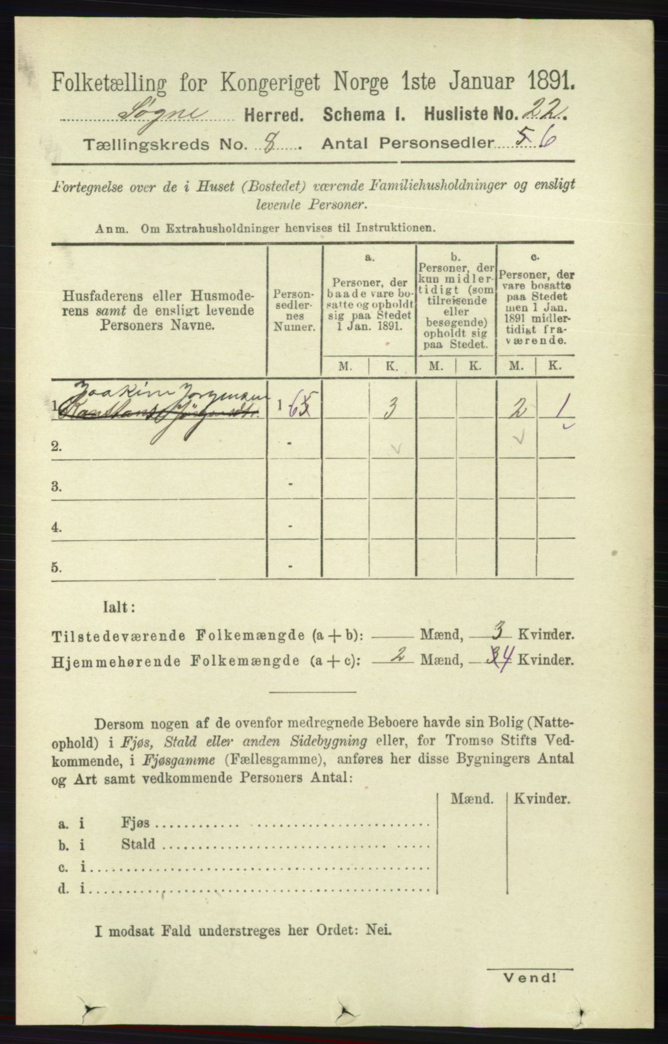RA, 1891 census for 1018 Søgne, 1891, p. 2189