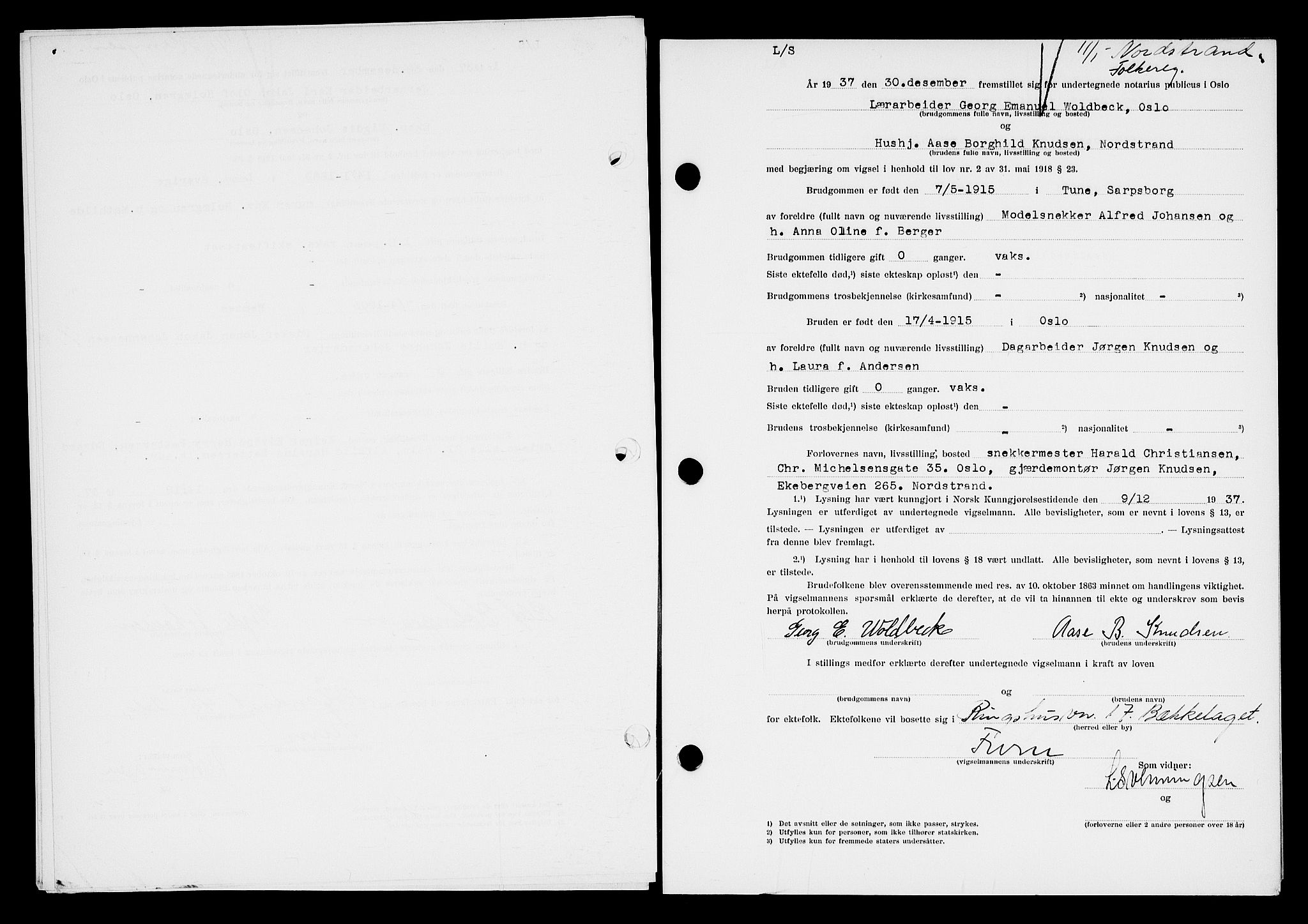 Oslo byfogd avd. I, SAO/A-10220/L/Lb/Lbb/L0029: Notarialprotokoll, rekke II: Vigsler, 1937-1938