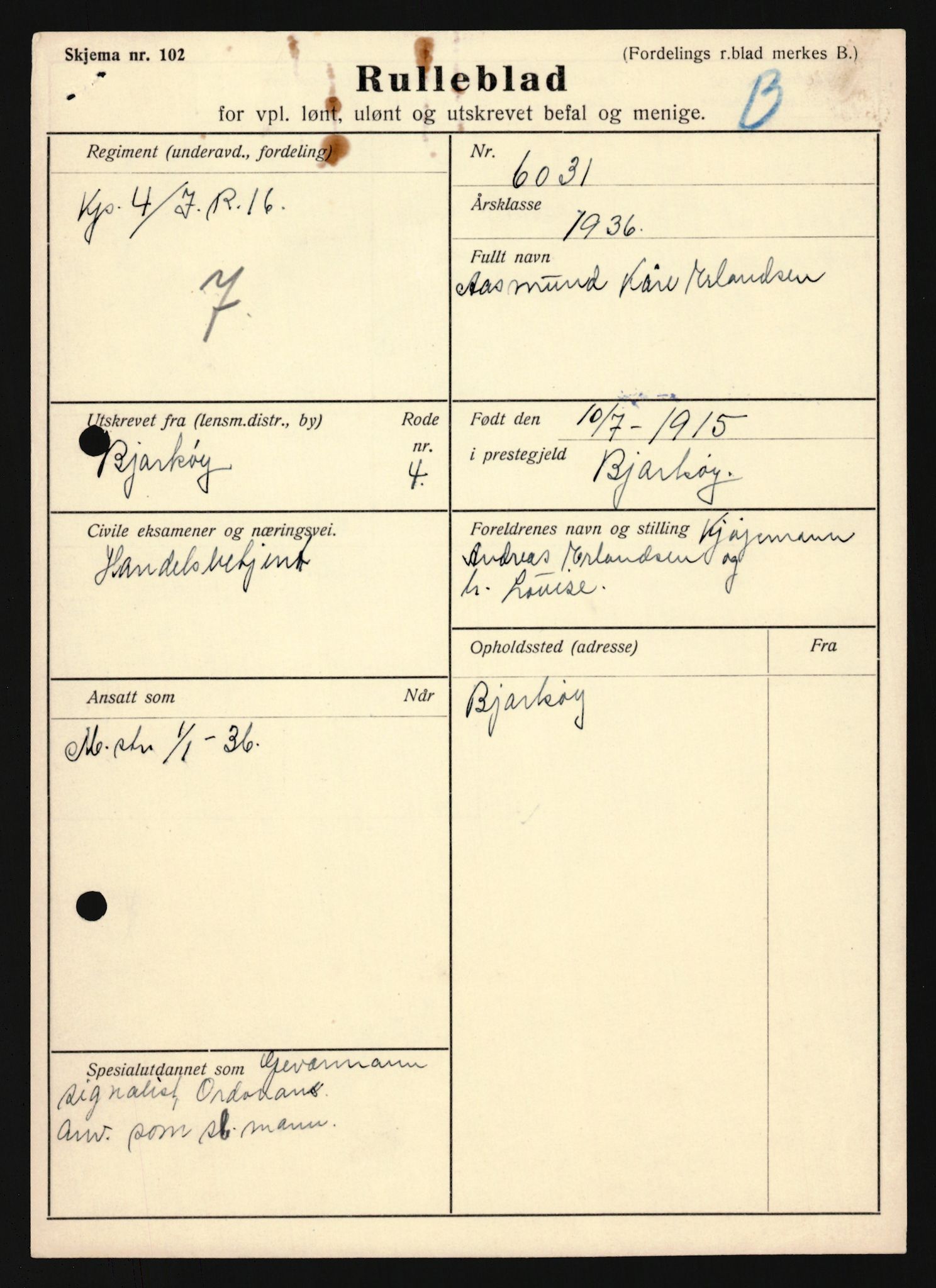 Forsvaret, Troms infanteriregiment nr. 16, AV/RA-RAFA-3146/P/Pa/L0020: Rulleblad for regimentets menige mannskaper, årsklasse 1936, 1936, p. 219