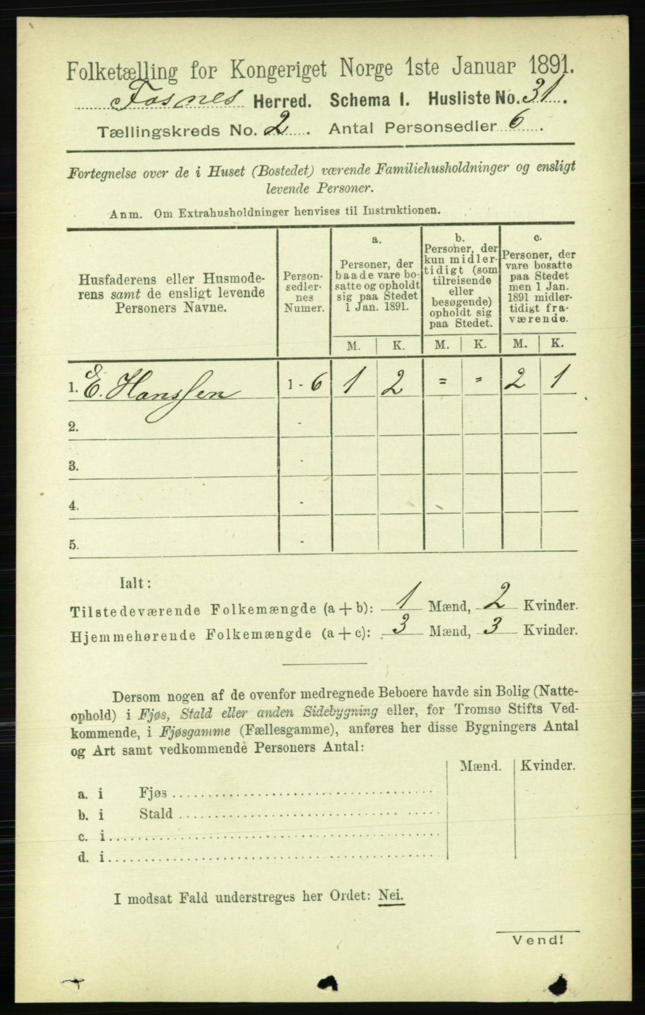 RA, 1891 census for 1748 Fosnes, 1891, p. 395