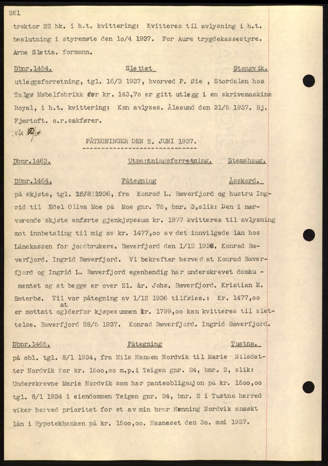 Nordmøre sorenskriveri, AV/SAT-A-4132/1/2/2Ca: Mortgage book no. C80, 1936-1939, Diary no: : 1454/1937