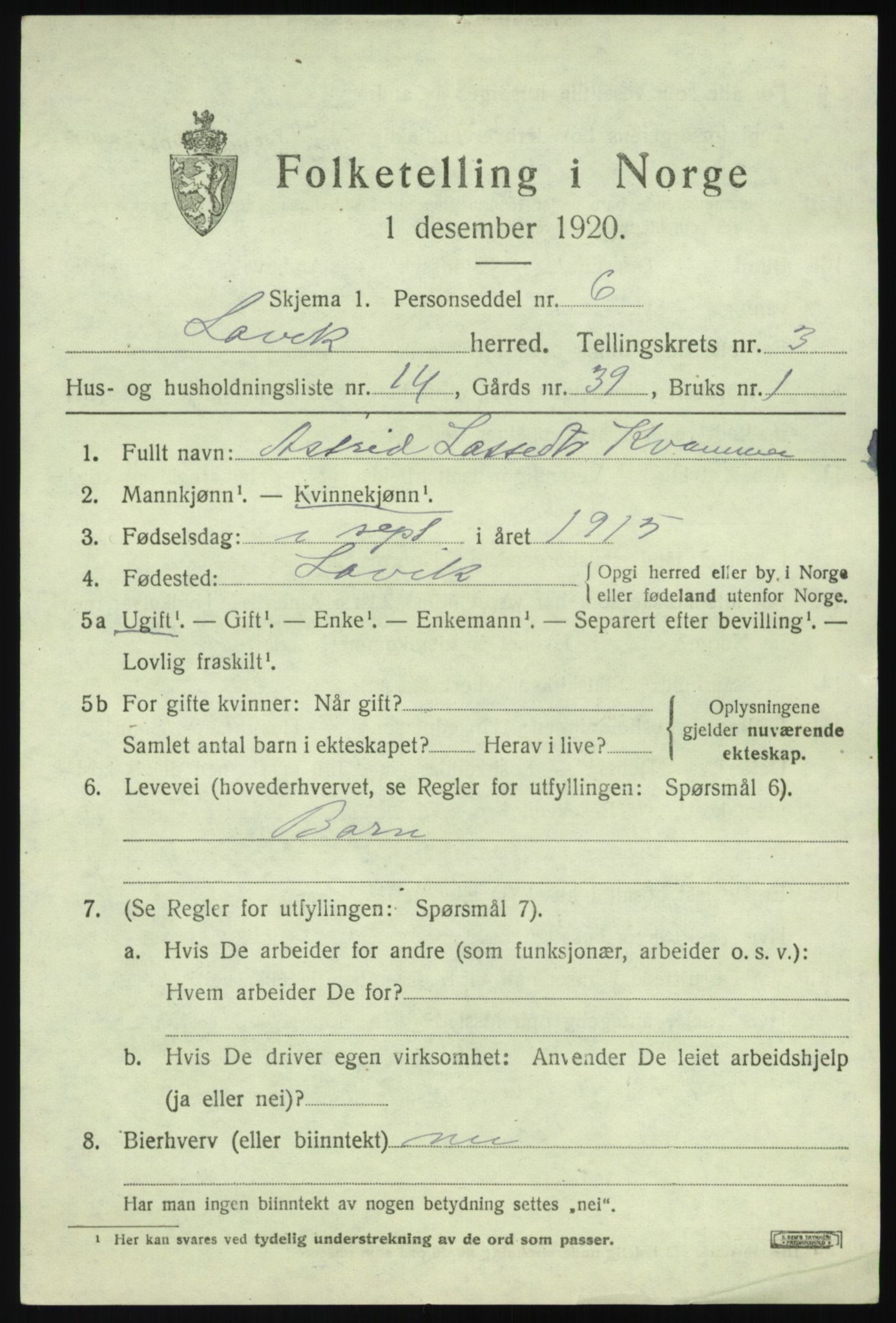 SAB, 1920 census for Lavik, 1920, p. 744