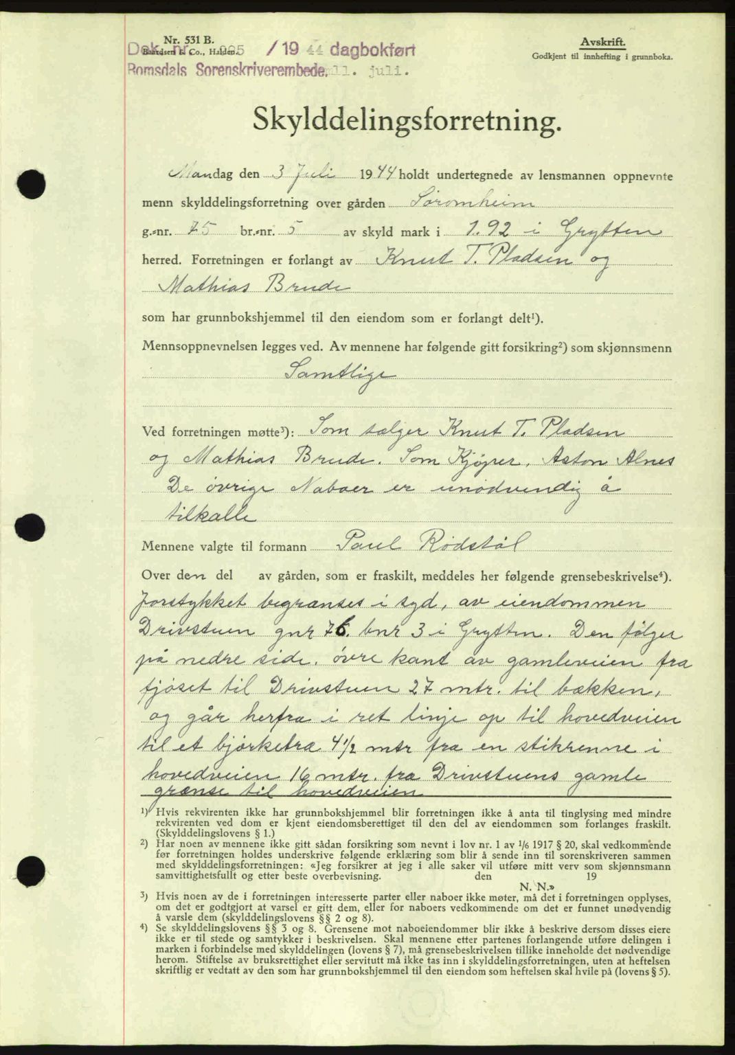 Romsdal sorenskriveri, SAT/A-4149/1/2/2C: Mortgage book no. A16, 1944-1944, Diary no: : 995/1944