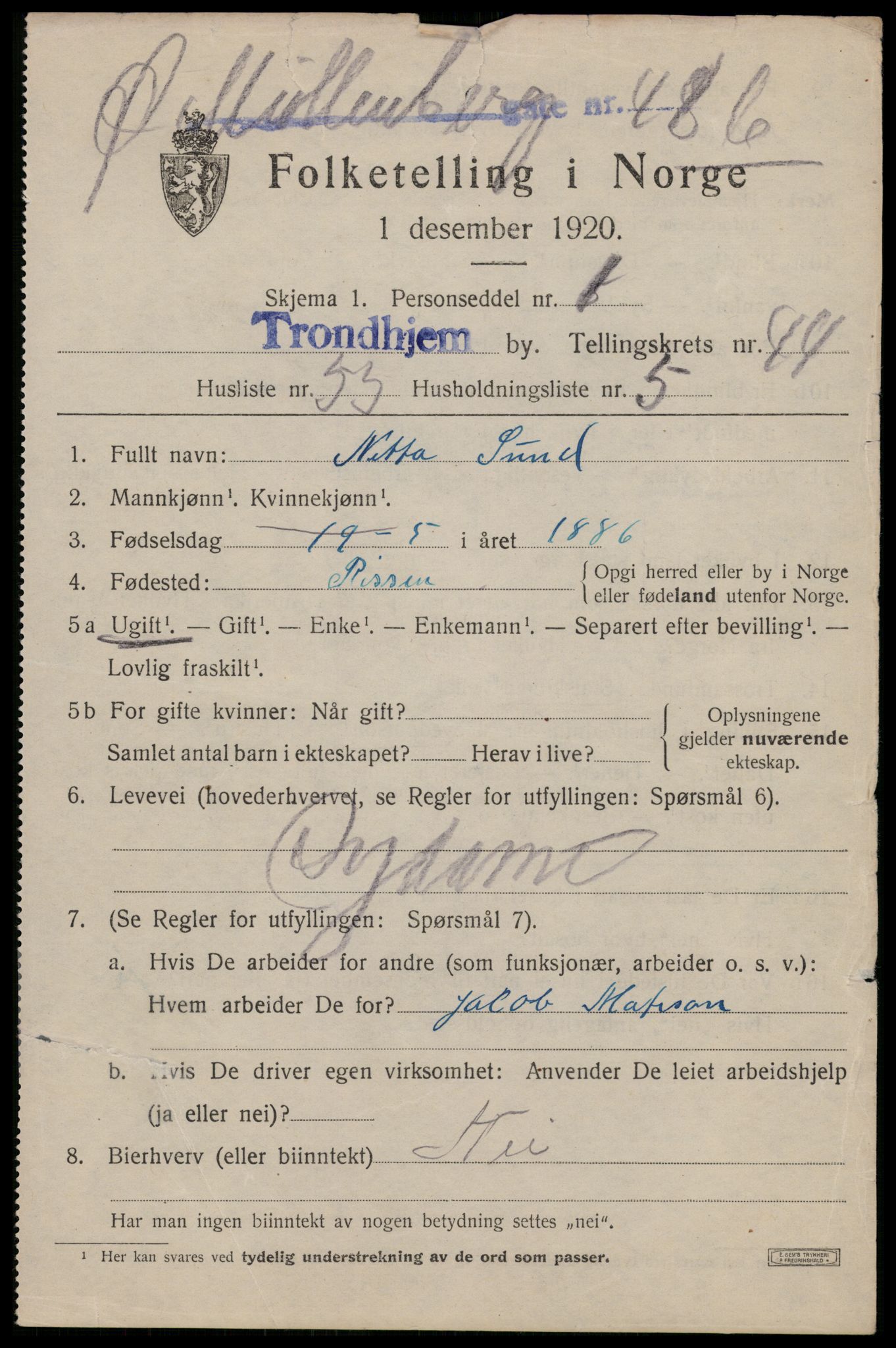 SAT, 1920 census for Trondheim, 1920, p. 96248
