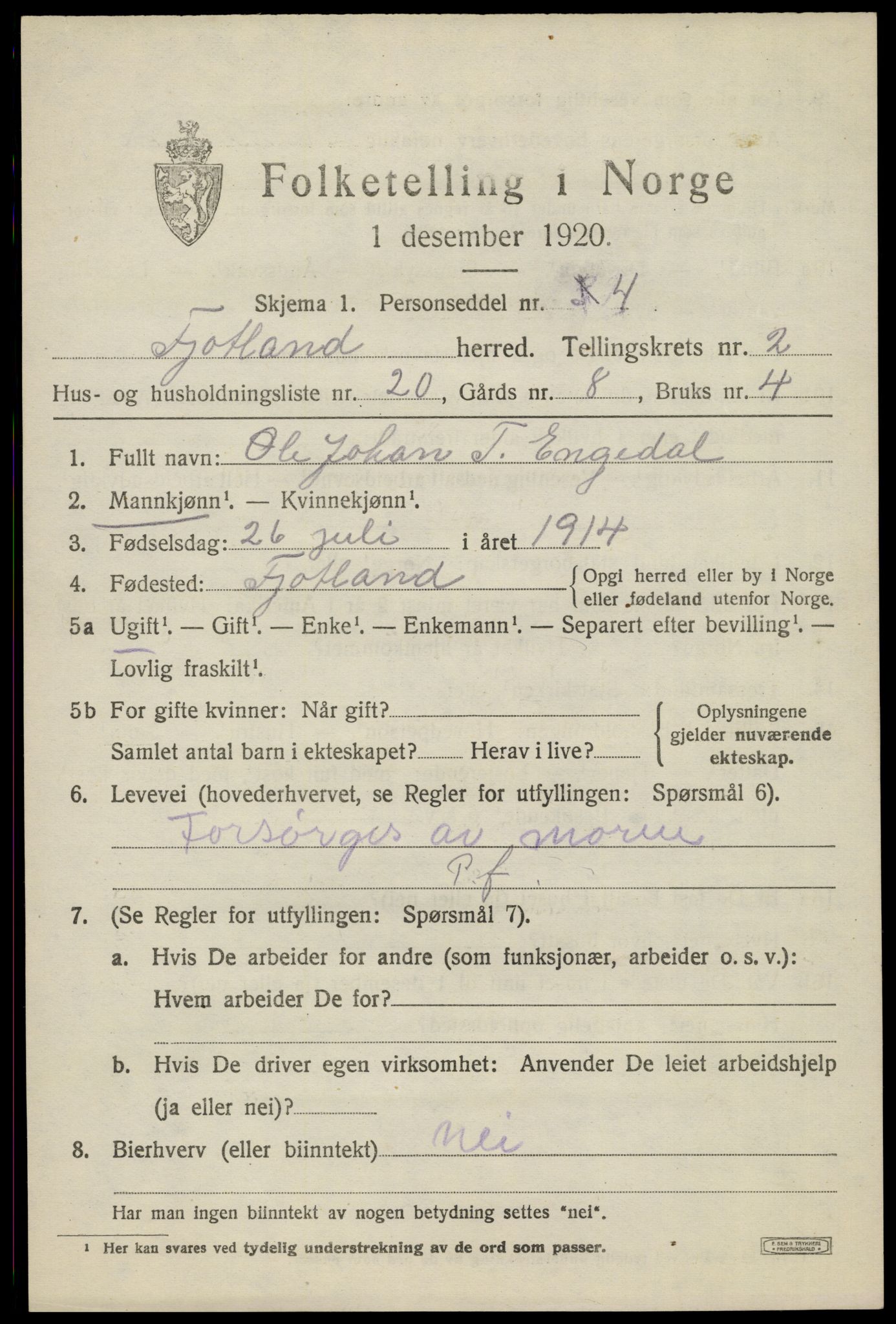 SAK, 1920 census for Fjotland, 1920, p. 900