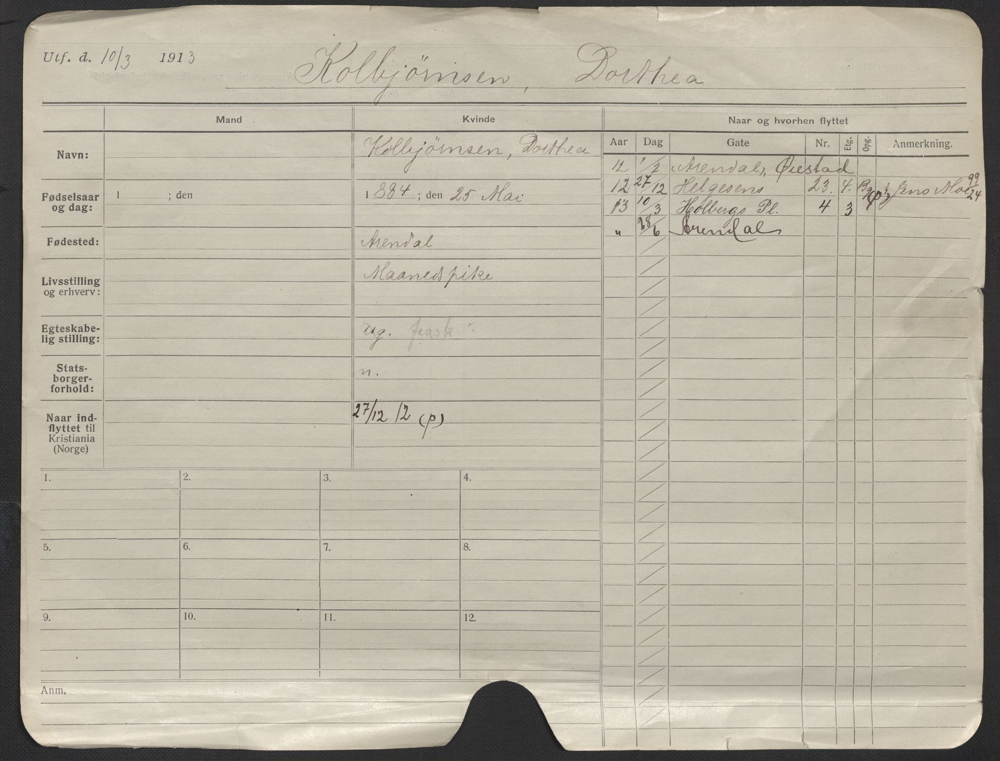 Oslo folkeregister, Registerkort, AV/SAO-A-11715/F/Fa/Fac/L0019: Kvinner, 1906-1914, p. 1a