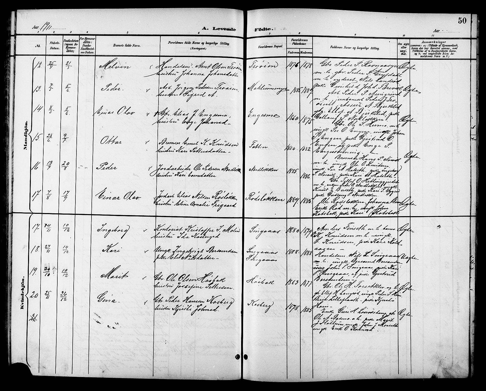 Ministerialprotokoller, klokkerbøker og fødselsregistre - Sør-Trøndelag, SAT/A-1456/688/L1029: Parish register (copy) no. 688C04, 1899-1915, p. 50