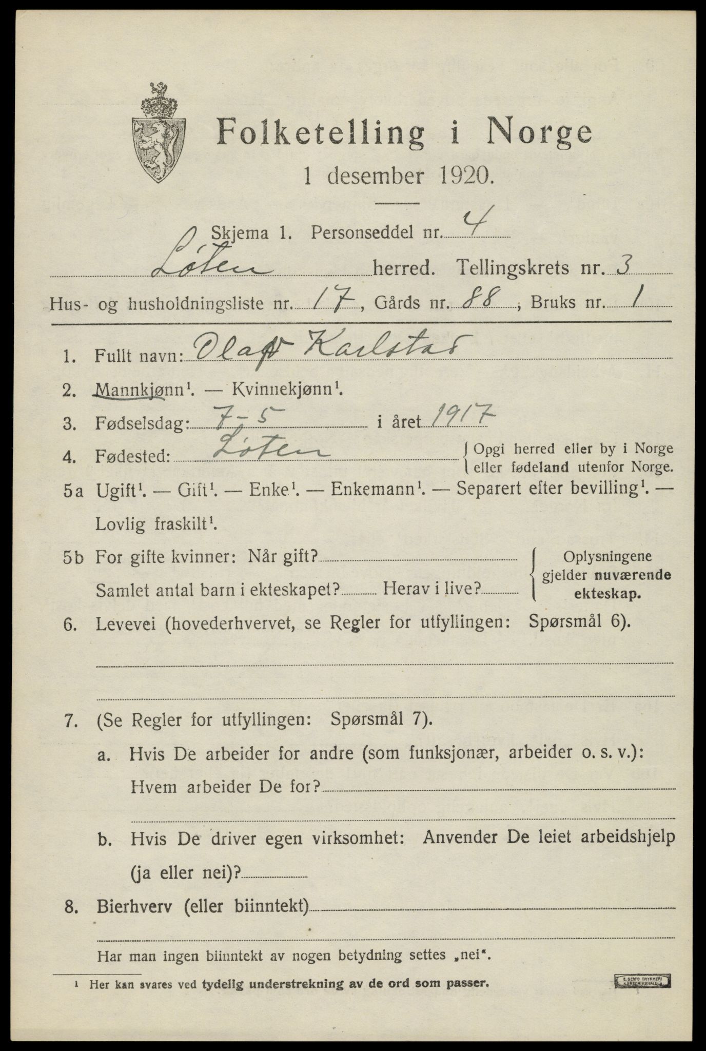 SAH, 1920 census for Løten, 1920, p. 7499