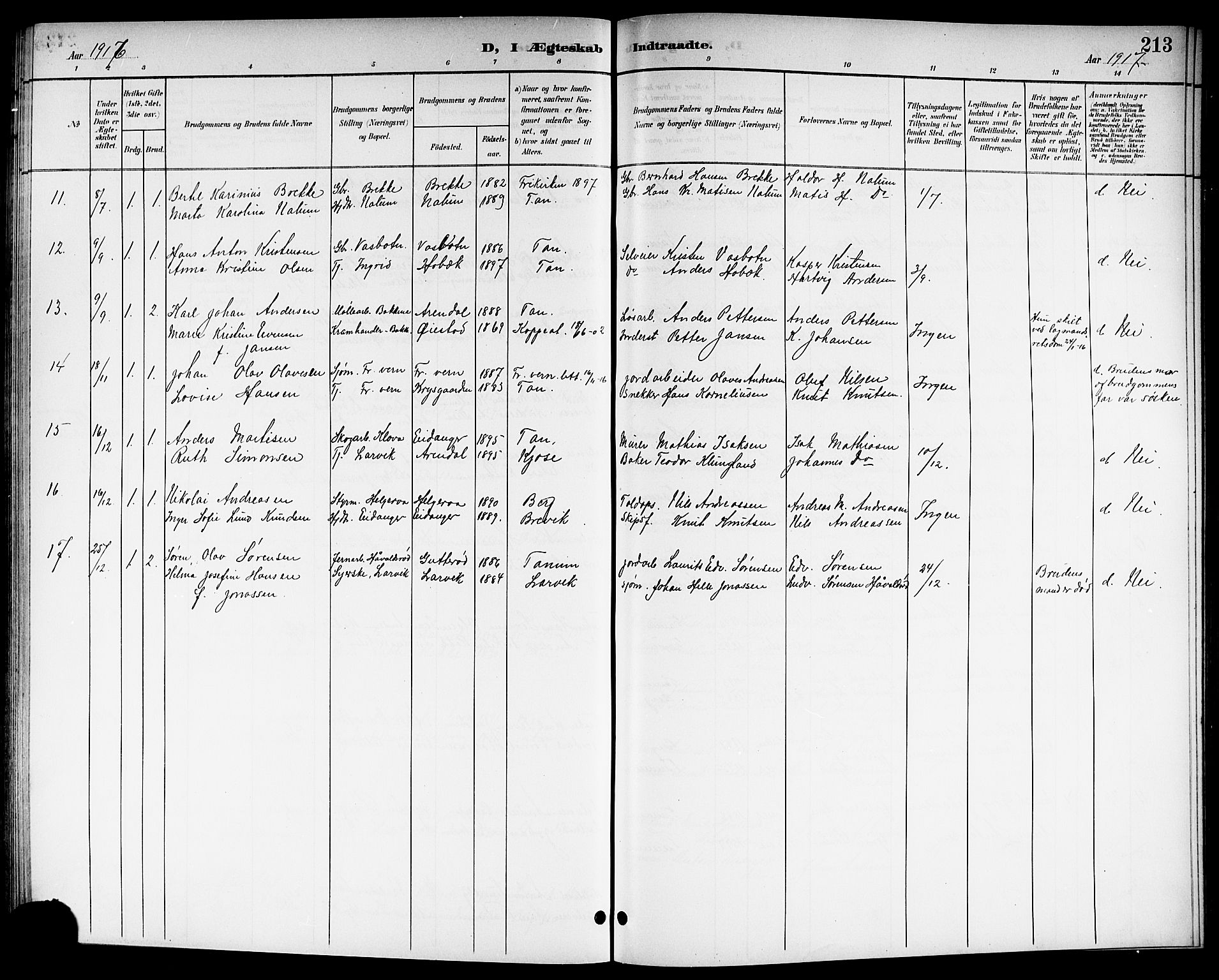 Brunlanes kirkebøker, SAKO/A-342/G/Ga/L0004: Parish register (copy) no. I 4, 1898-1921, p. 213