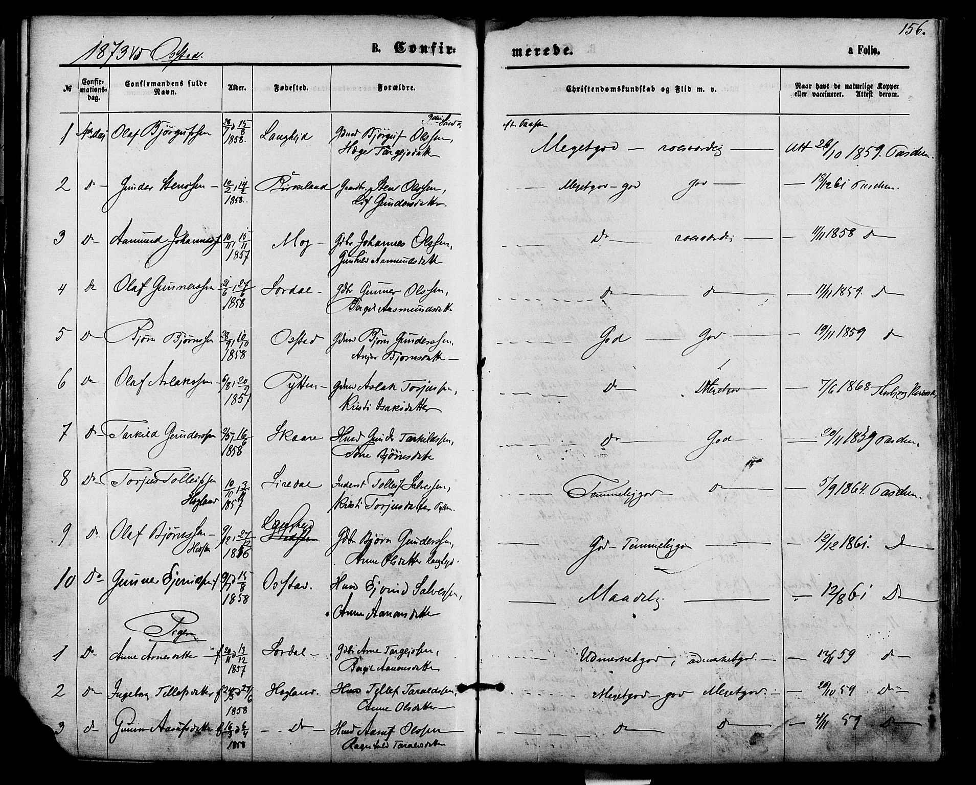 Bygland sokneprestkontor, AV/SAK-1111-0006/F/Fa/Fab/L0006: Parish register (official) no. A 6, 1873-1884, p. 156