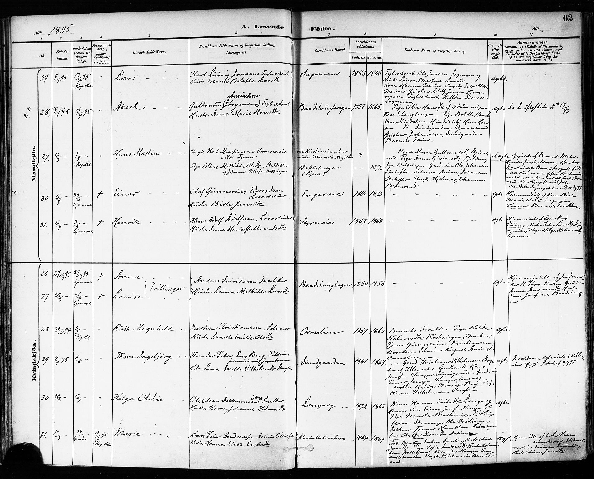 Eidsvoll prestekontor Kirkebøker, AV/SAO-A-10888/F/Fa/L0004: Parish register (official) no. I 4, 1891-1900, p. 62