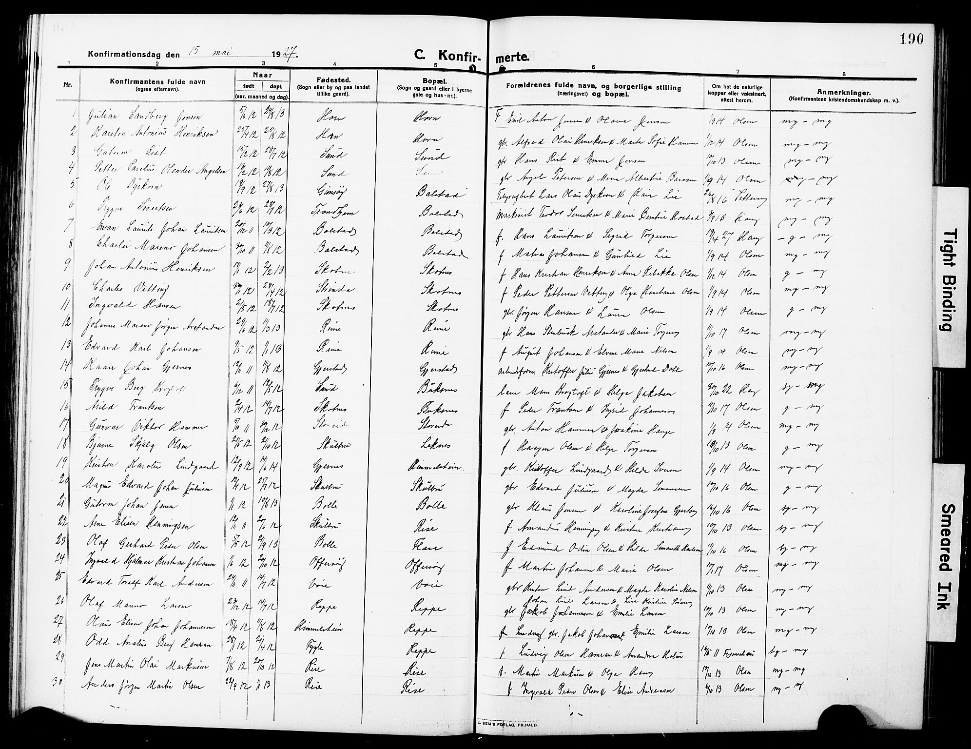 Ministerialprotokoller, klokkerbøker og fødselsregistre - Nordland, SAT/A-1459/881/L1169: Parish register (copy) no. 881C06, 1912-1930, p. 190