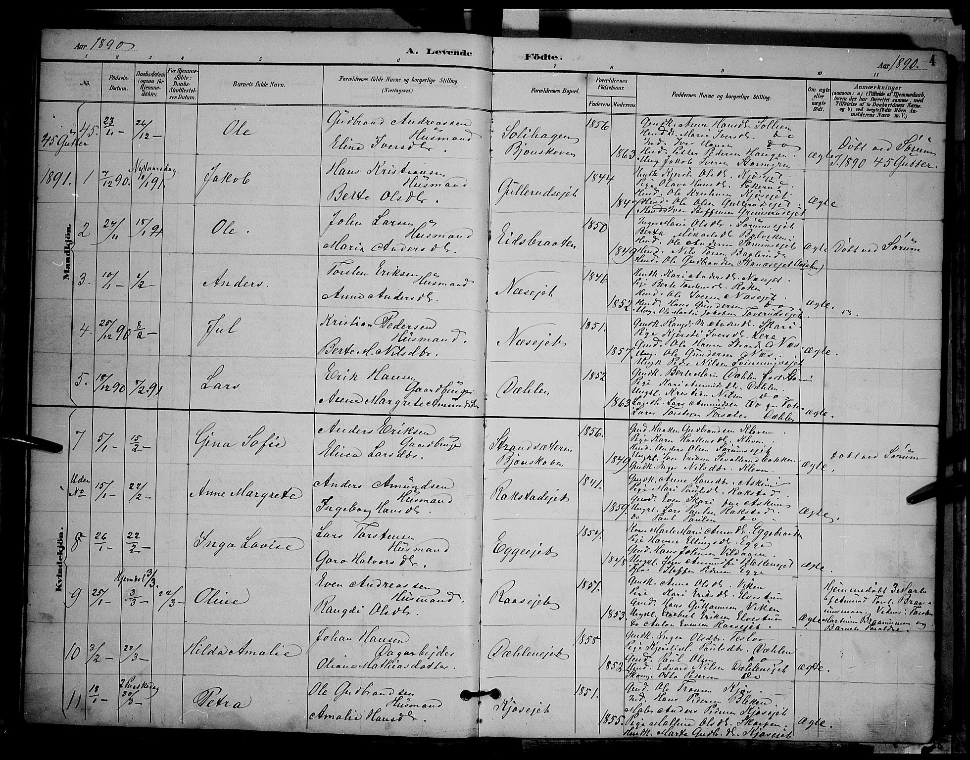 Gran prestekontor, AV/SAH-PREST-112/H/Ha/Hab/L0004: Parish register (copy) no. 4, 1890-1899, p. 4