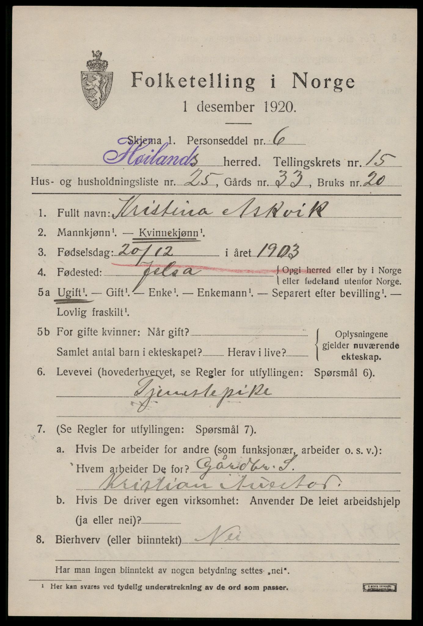 SAST, 1920 census for Høyland, 1920, p. 13980