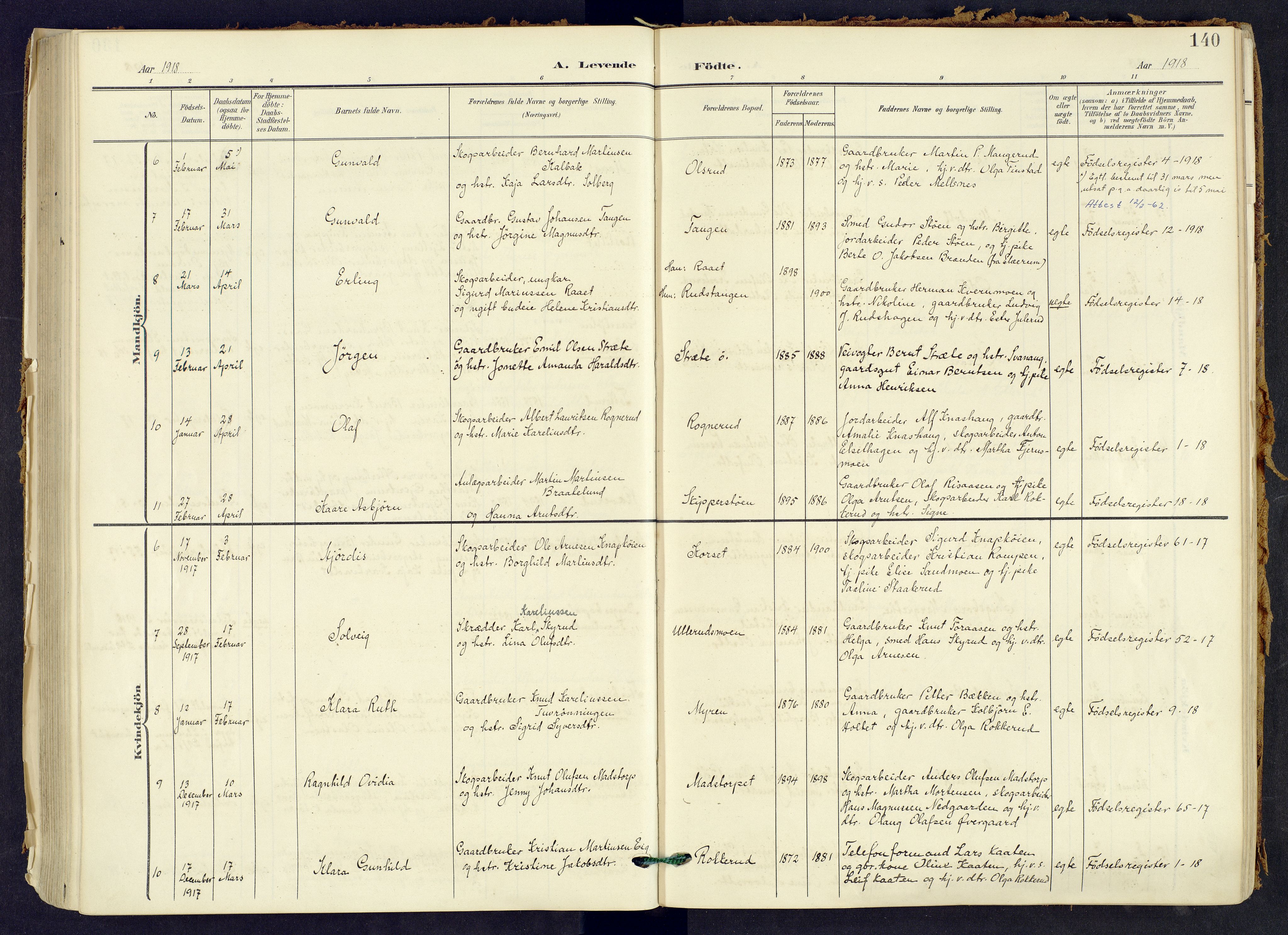 Våler prestekontor, Hedmark, AV/SAH-PREST-040/H/Ha/Haa/L0008: Parish register (official) no. 8, 1905-1921, p. 140