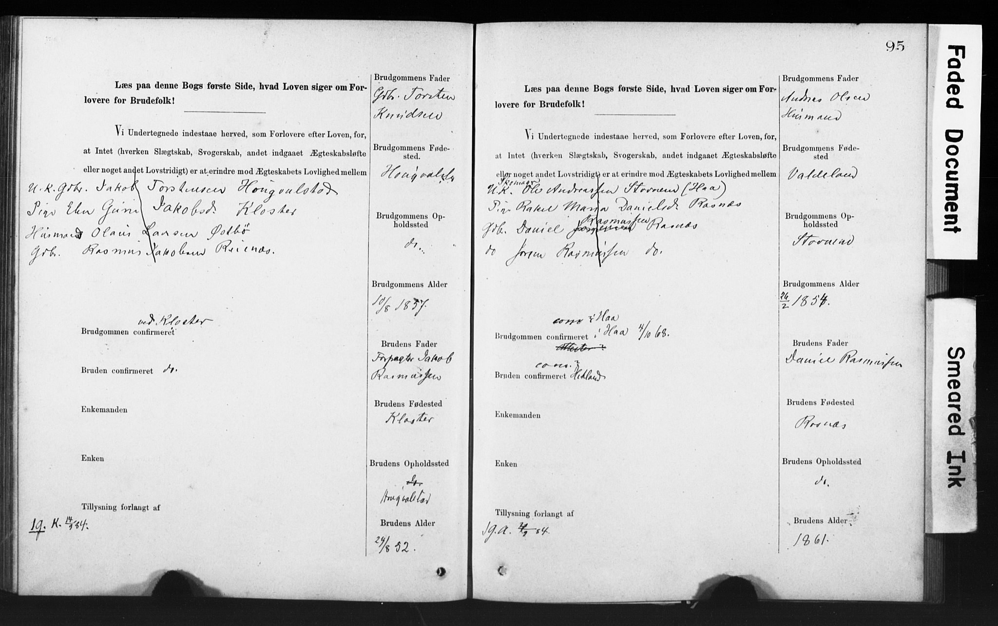 Rennesøy sokneprestkontor, SAST/A -101827/I/Ie/L0001: Banns register no. 1, 1873-1898, p. 95