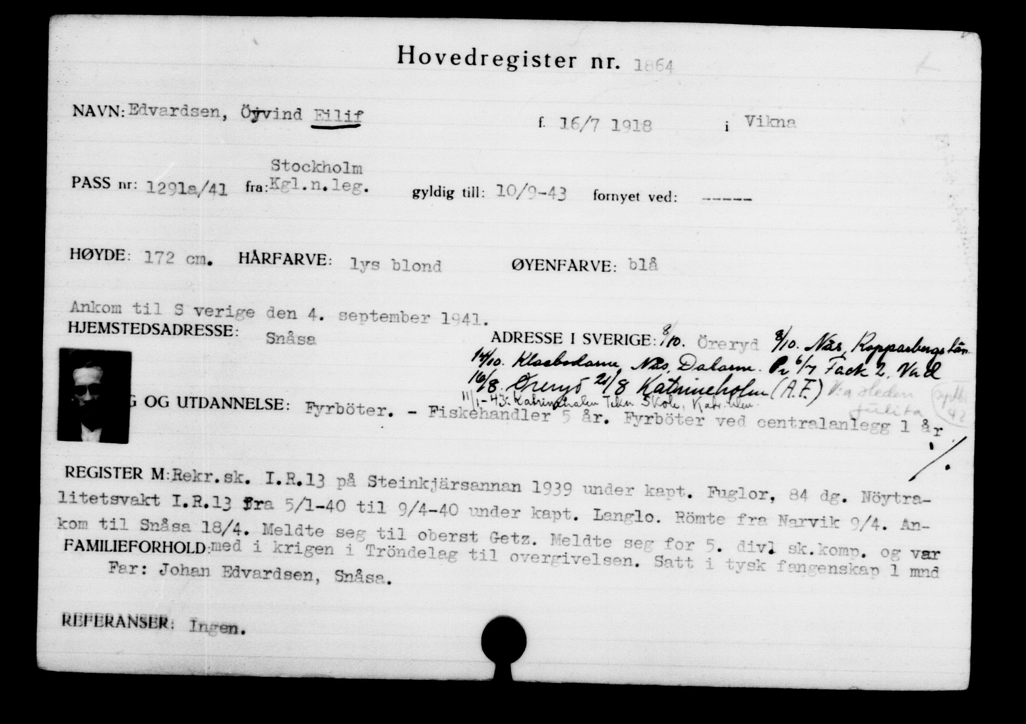 Den Kgl. Norske Legasjons Flyktningskontor, AV/RA-S-6753/V/Va/L0002: Kjesäterkartoteket.  Flyktningenr. 1001-2000, 1940-1945, p. 1230