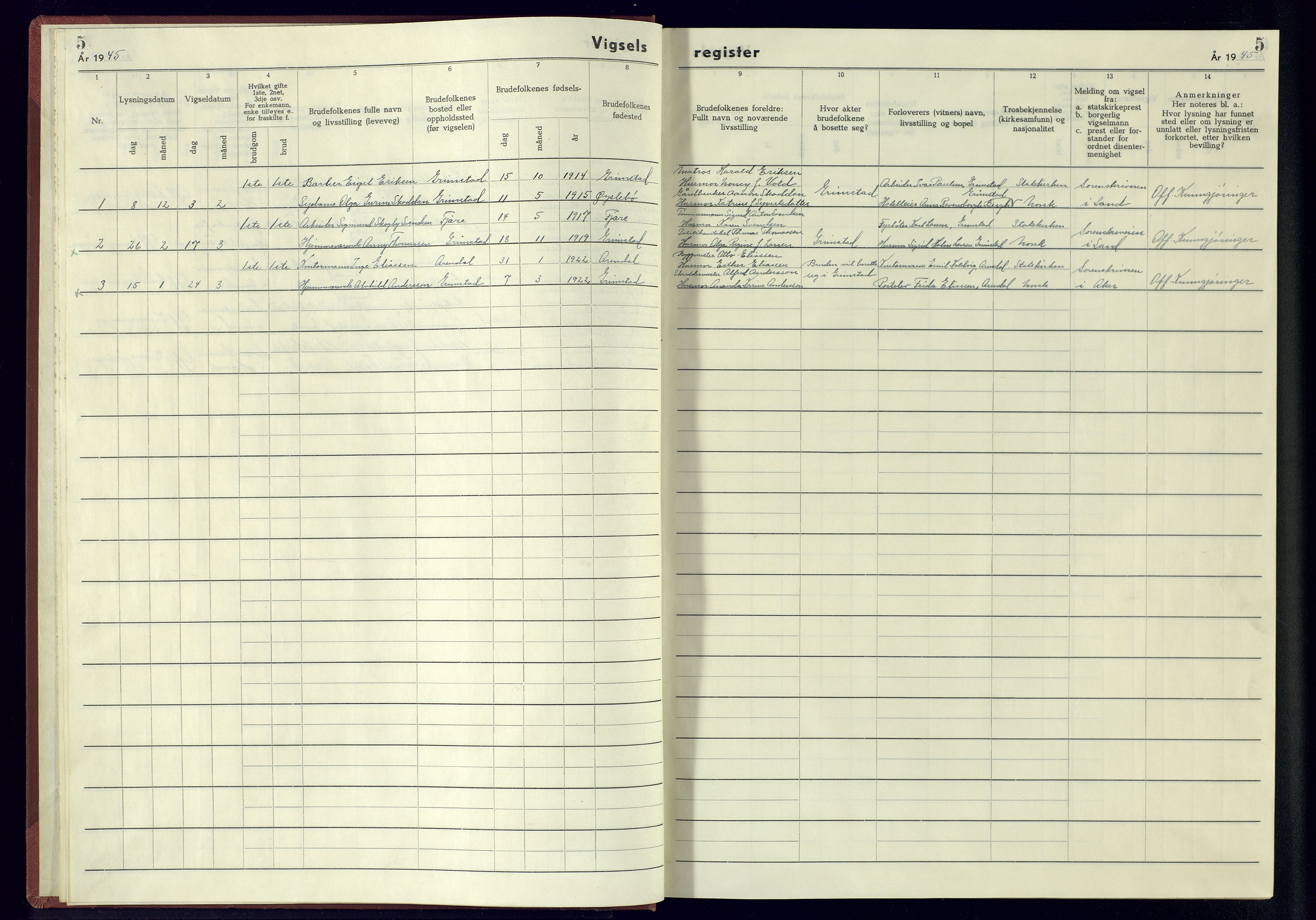 Grimstad sokneprestkontor, AV/SAK-1111-0017/J/Jb/L0002: Marriage register no. II.6.2, 1942-1945, p. 5