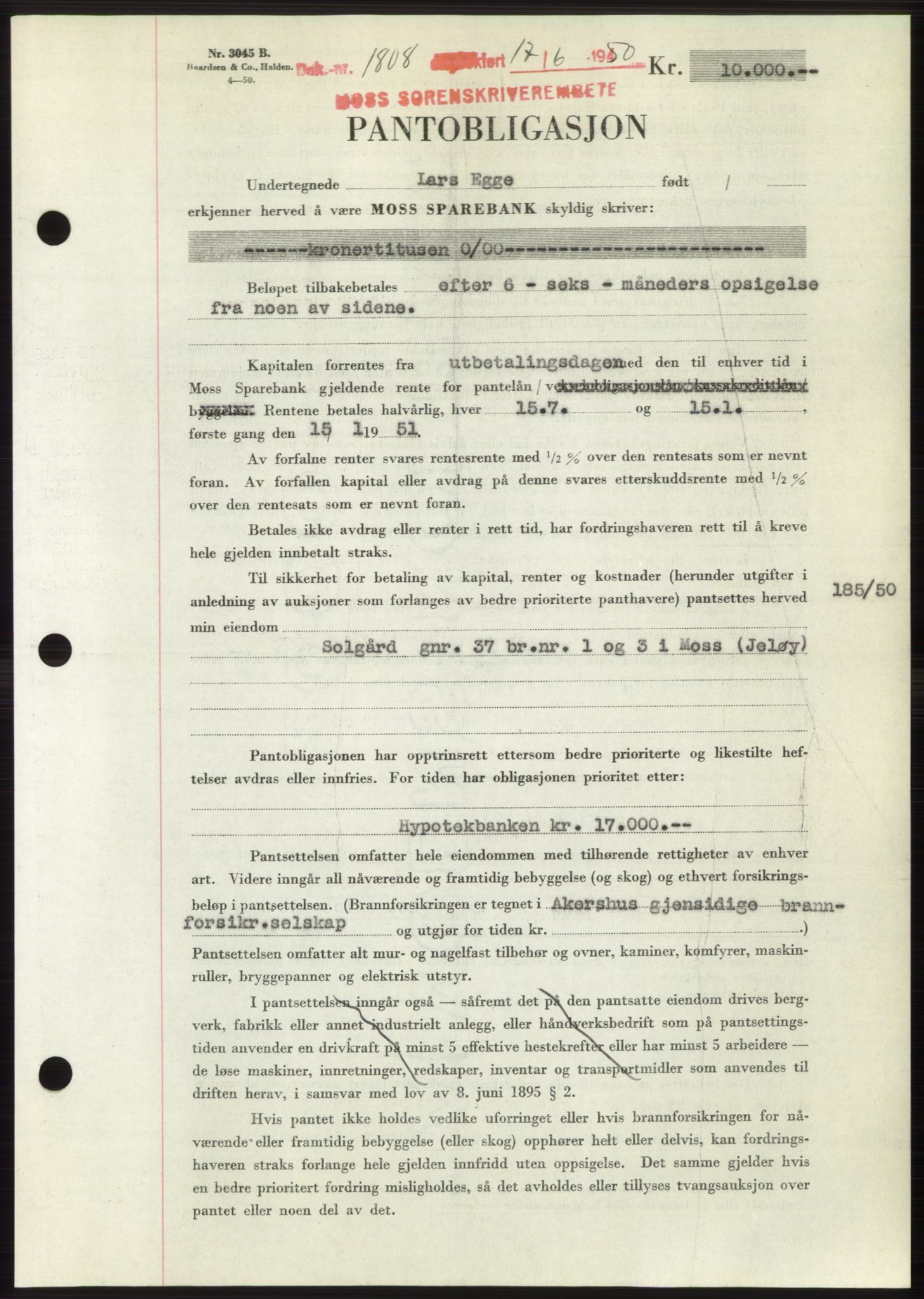 Moss sorenskriveri, AV/SAO-A-10168: Mortgage book no. B24, 1950-1950, Diary no: : 1808/1950