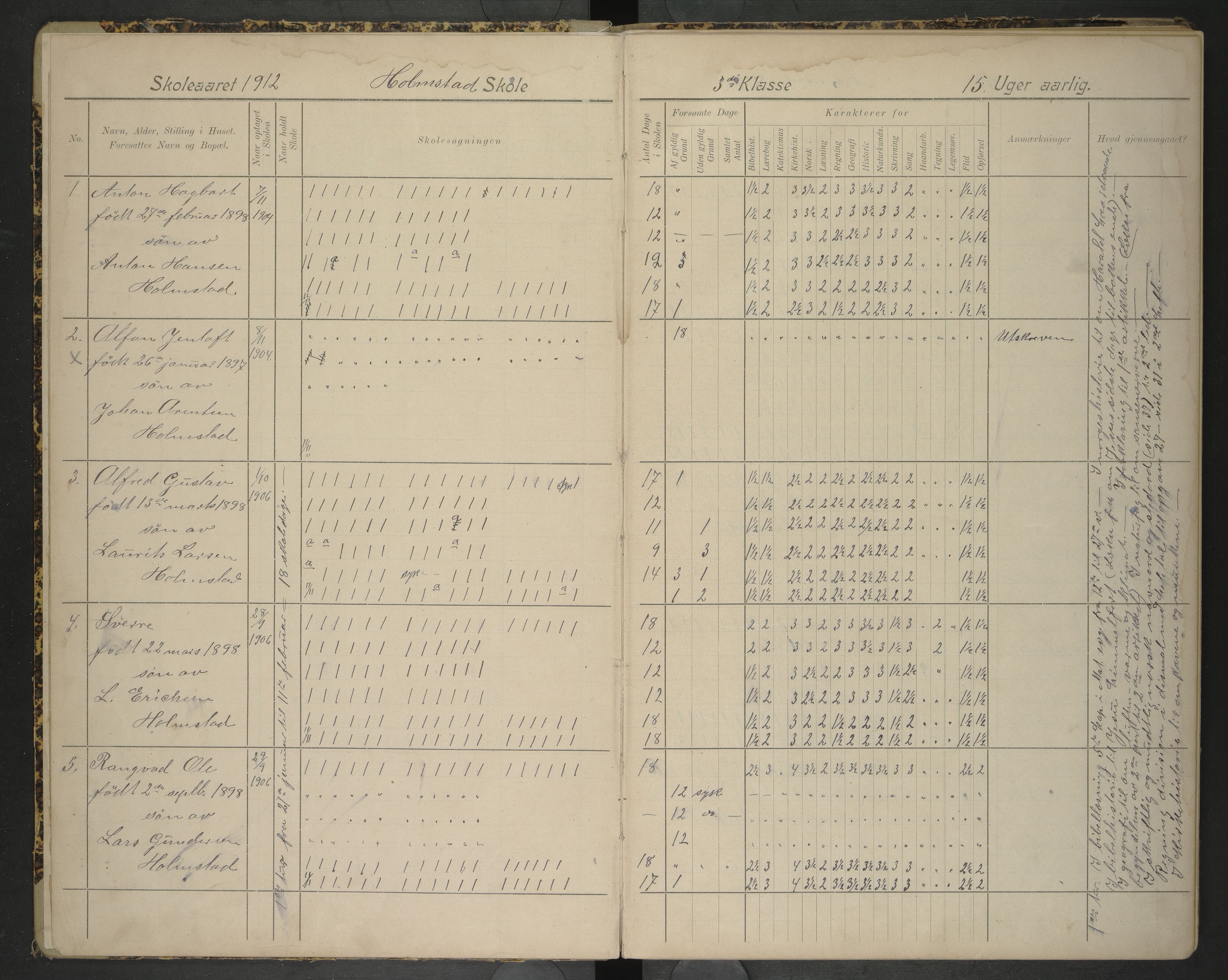 Hadsel kommune. Holmstad og Valfjord skolekrets, AIN/K-18660.510.50/F/L0002: Skoleprotokoll Holmstad og Valfjord skole, 1912-1918