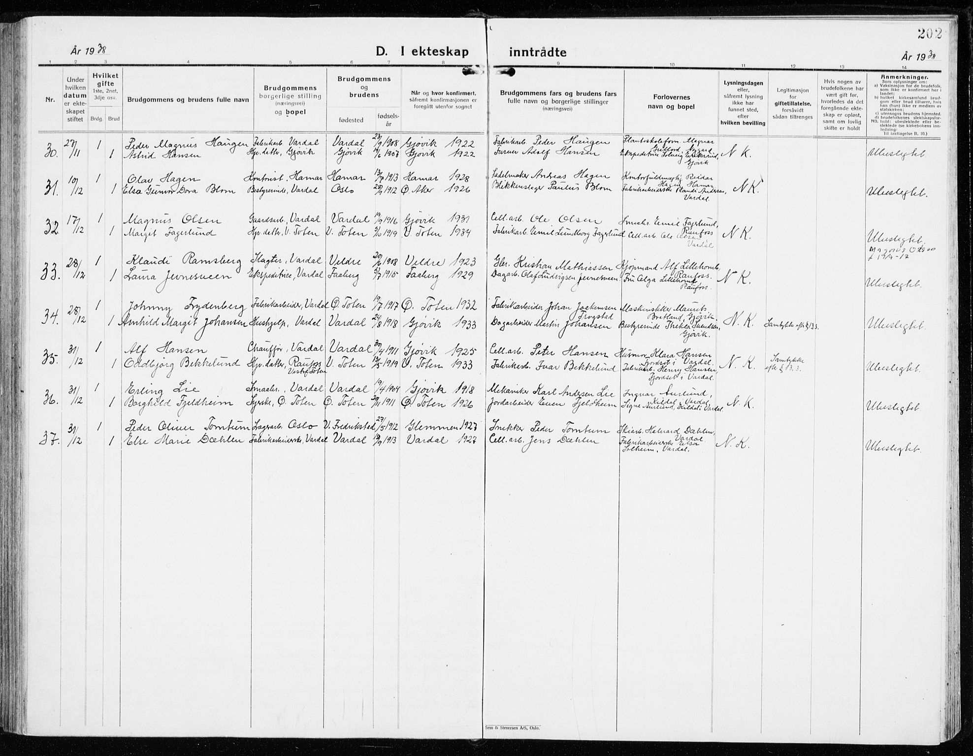 Vardal prestekontor, SAH/PREST-100/H/Ha/Haa/L0018: Parish register (official) no. 18, 1930-1945, p. 202