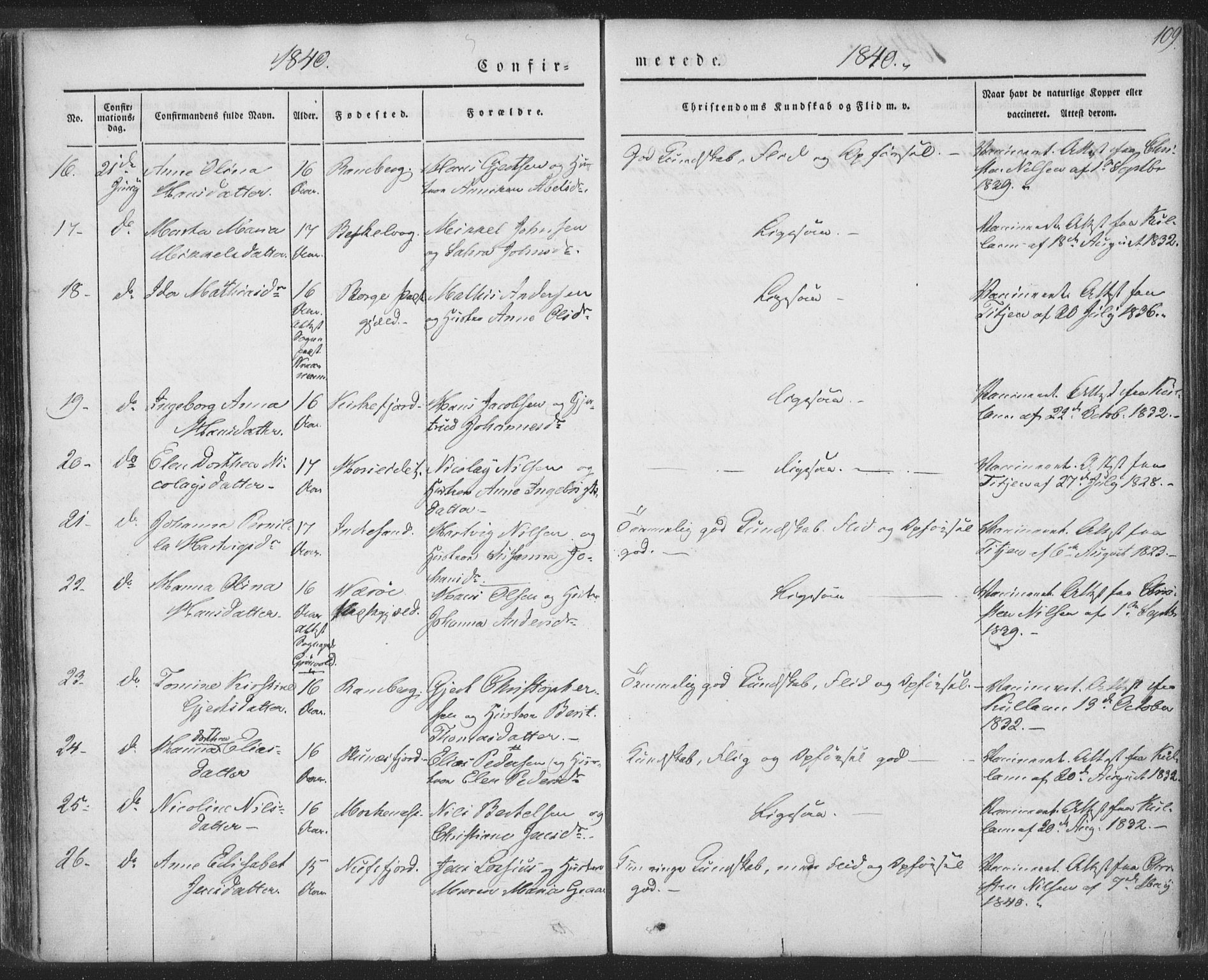 Ministerialprotokoller, klokkerbøker og fødselsregistre - Nordland, AV/SAT-A-1459/885/L1202: Parish register (official) no. 885A03, 1838-1859, p. 109