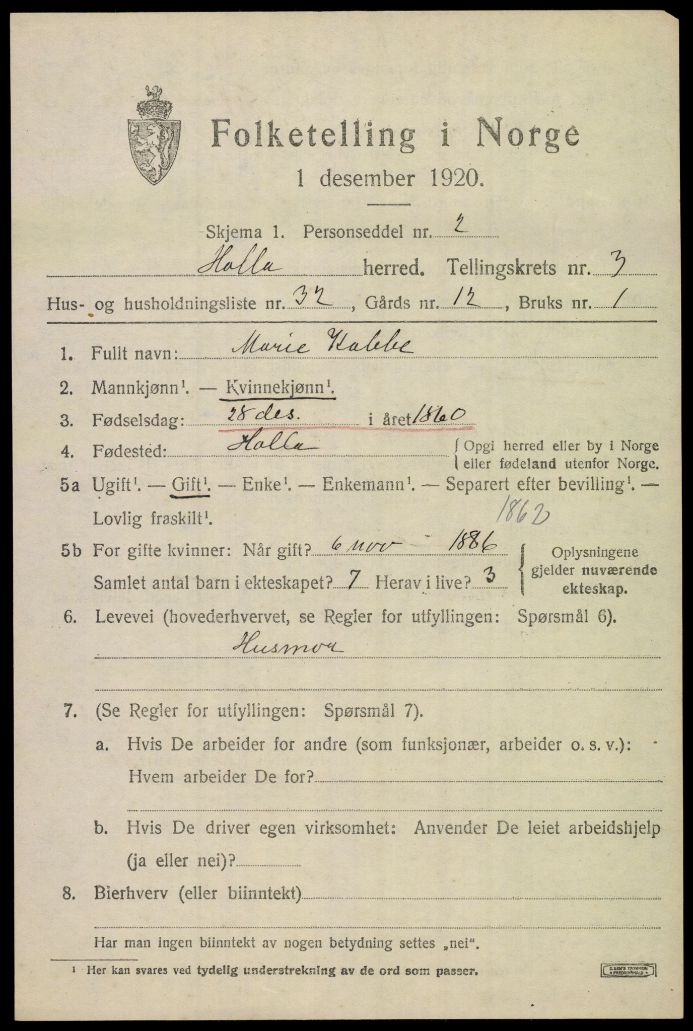 SAKO, 1920 census for Holla, 1920, p. 3331