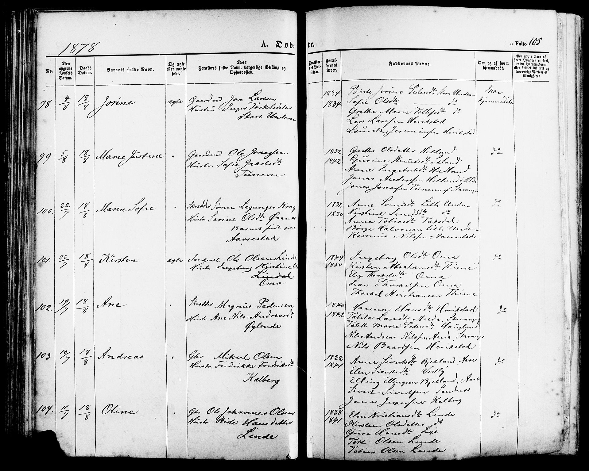 Lye sokneprestkontor, AV/SAST-A-101794/001/30BA/L0008: Parish register (official) no. A 7, 1872-1881, p. 105