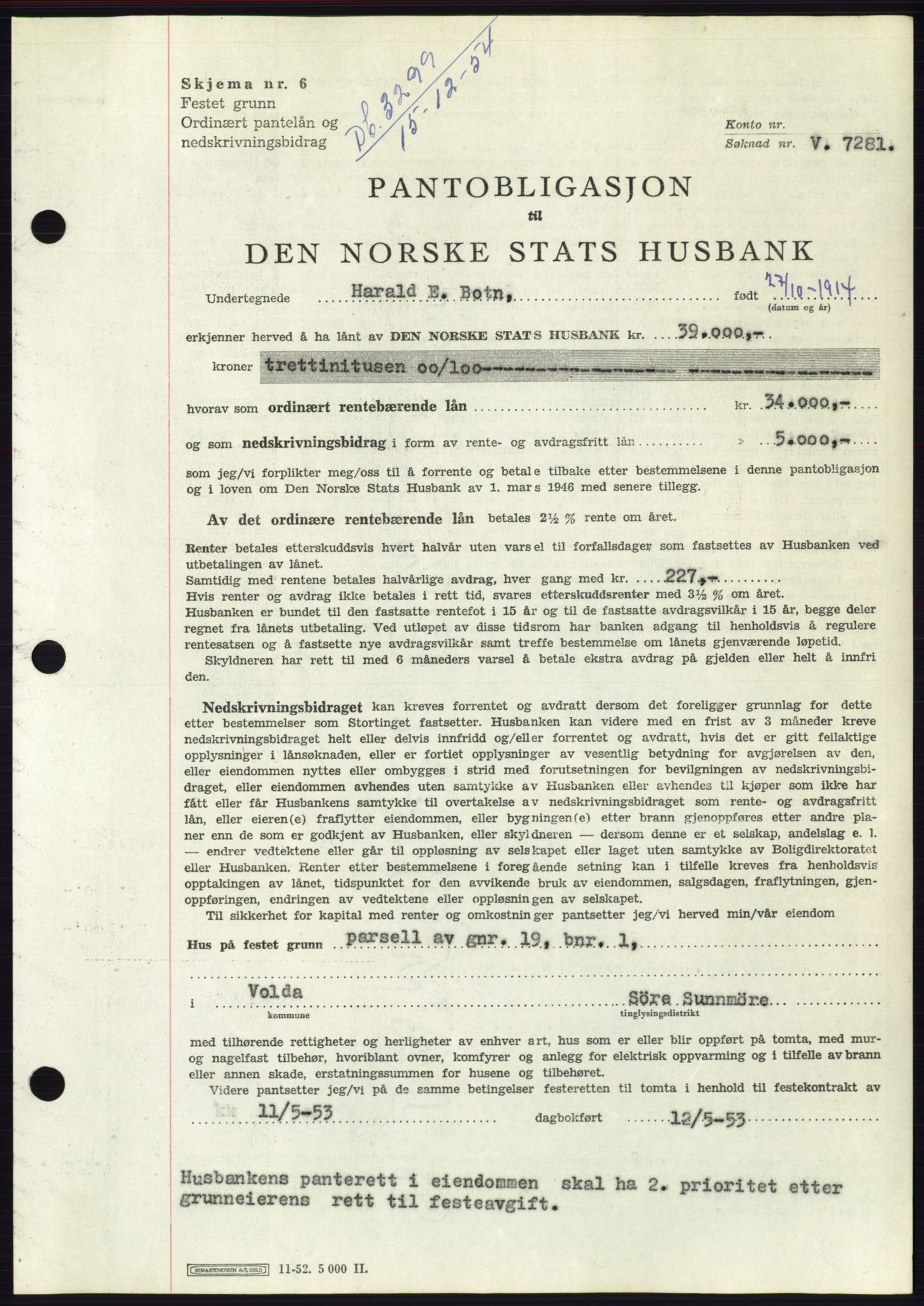 Søre Sunnmøre sorenskriveri, AV/SAT-A-4122/1/2/2C/L0126: Mortgage book no. 14B, 1954-1955, Diary no: : 3299/1954