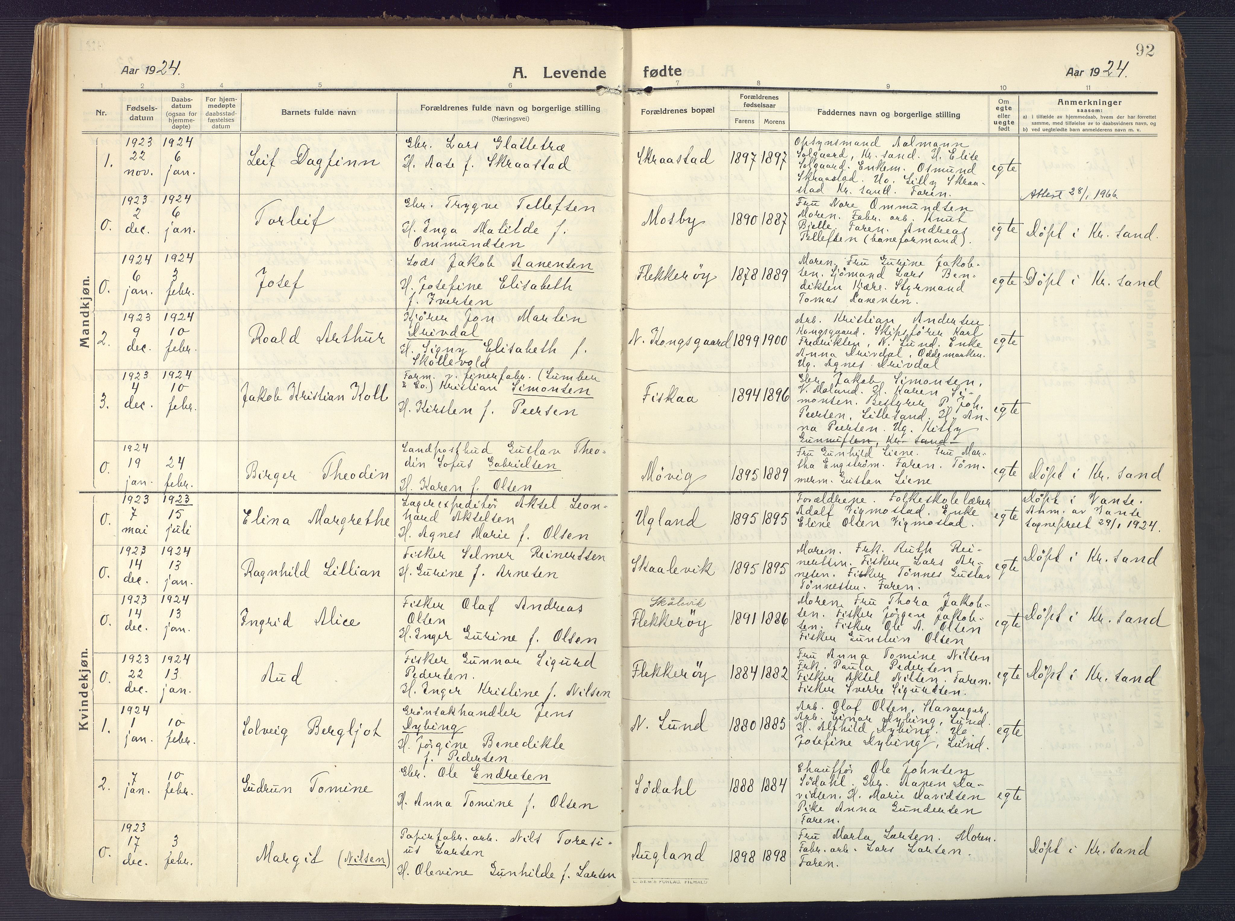 Oddernes sokneprestkontor, AV/SAK-1111-0033/F/Fa/Faa/L0012: Parish register (official) no. A 12, 1912-1925, p. 92