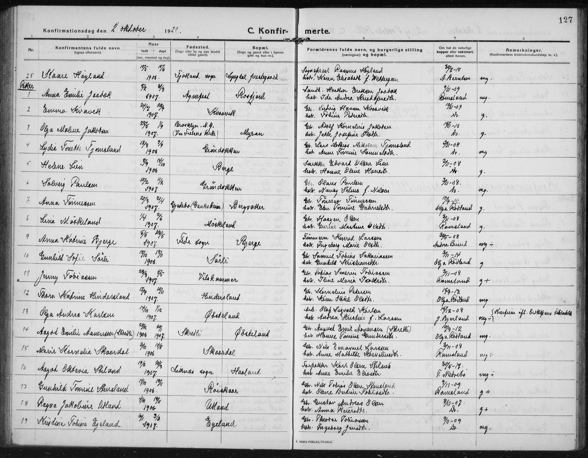 Lyngdal sokneprestkontor, AV/SAK-1111-0029/F/Fb/Fbc/L0006: Parish register (copy) no. B 6, 1914-1934, p. 127