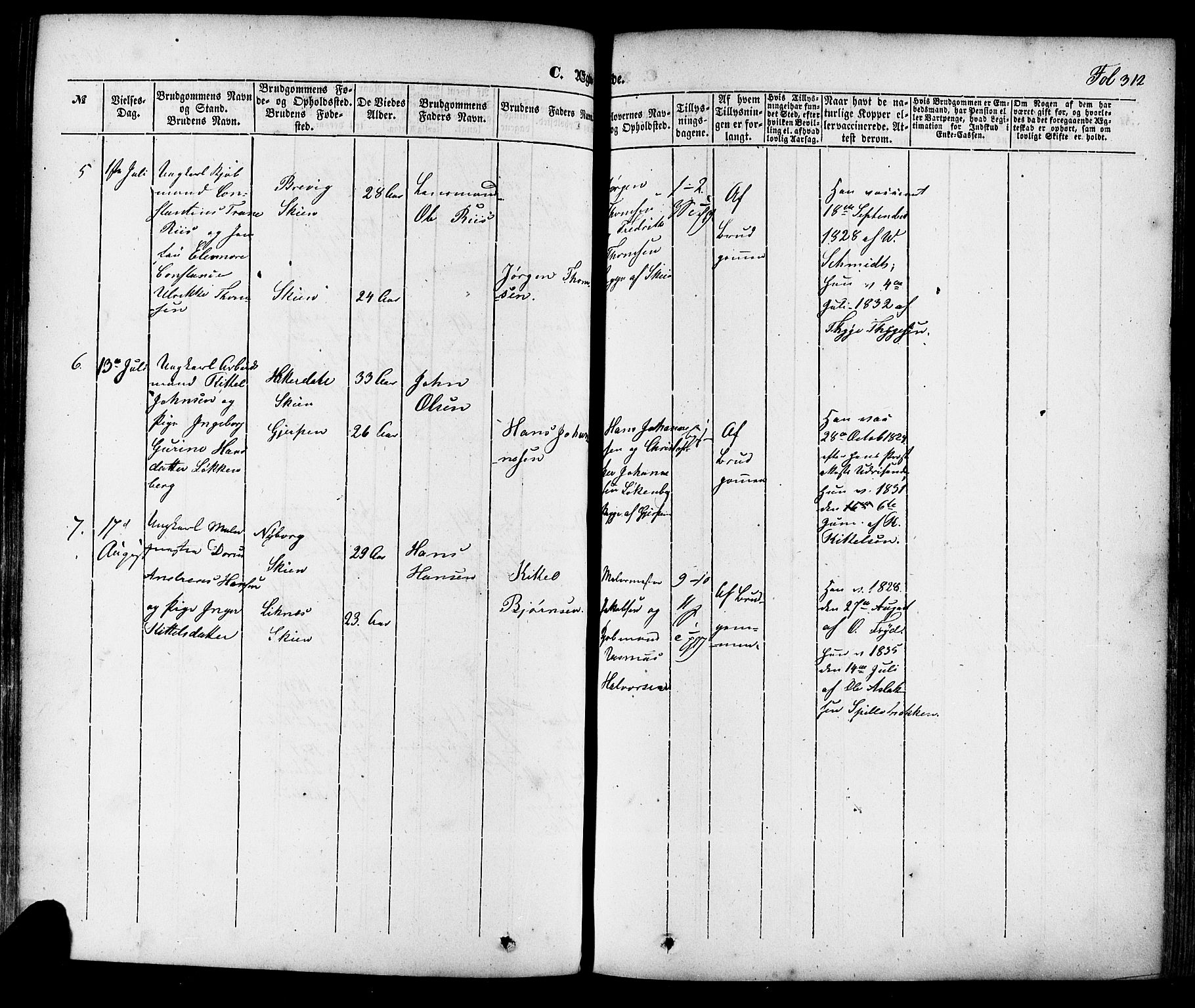 Skien kirkebøker, SAKO/A-302/F/Fa/L0006a: Parish register (official) no. 6A, 1843-1856, p. 312