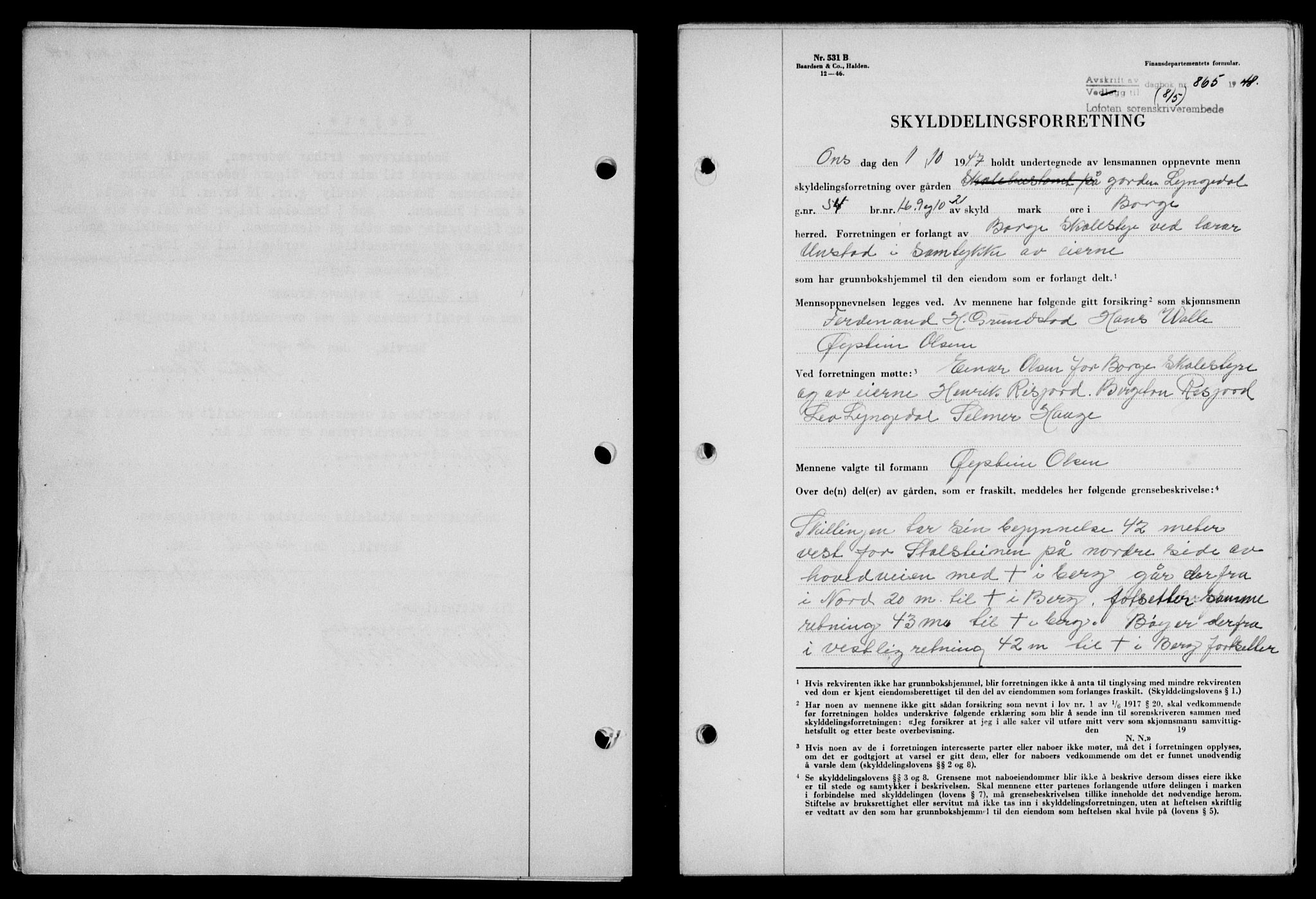Lofoten sorenskriveri, SAT/A-0017/1/2/2C/L0018a: Mortgage book no. 18a, 1948-1948, Diary no: : 865/1948