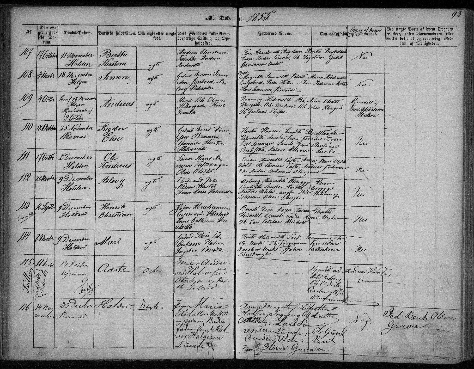 Holla kirkebøker, SAKO/A-272/F/Fa/L0005: Parish register (official) no. 5, 1849-1860, p. 93