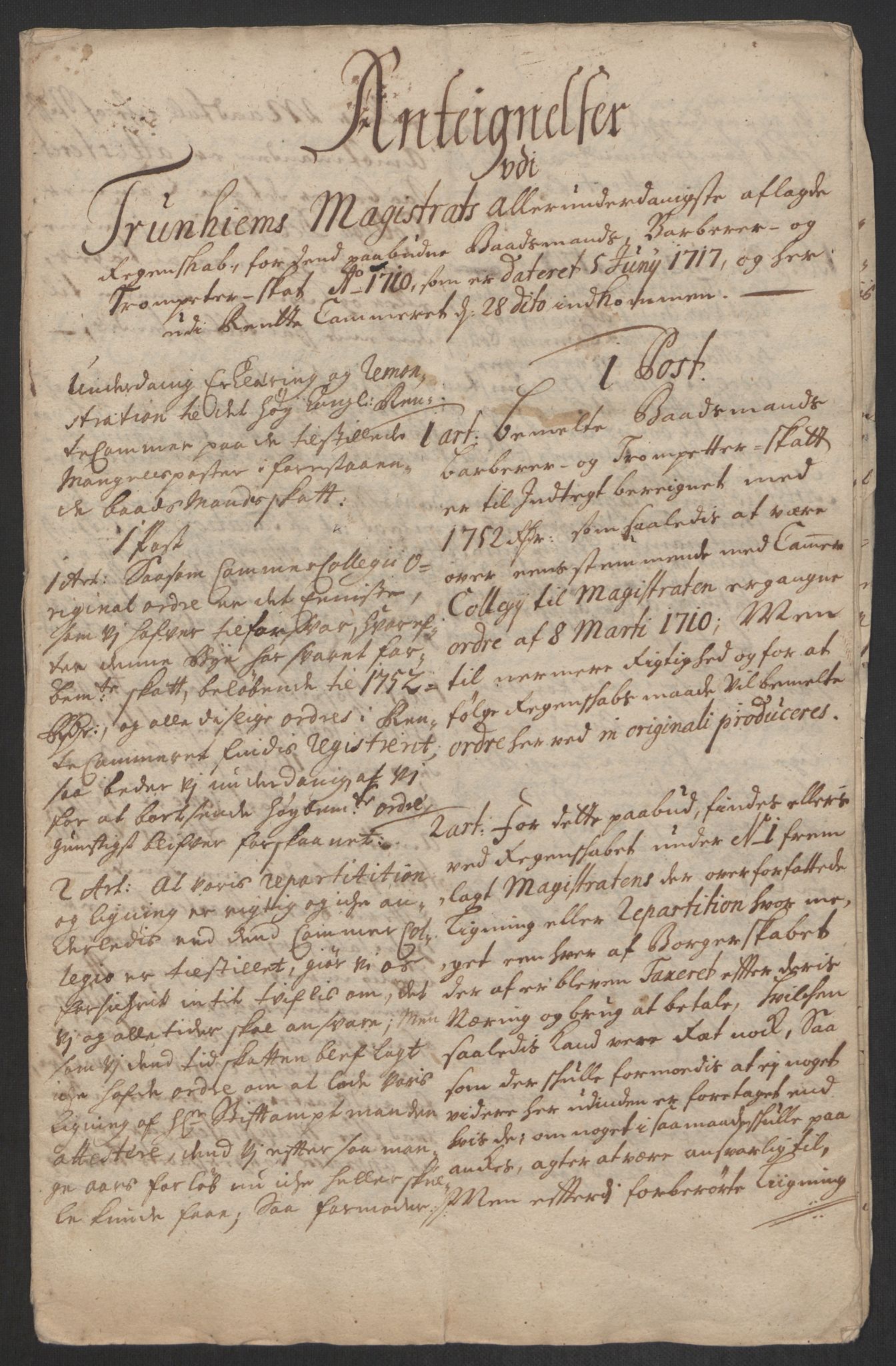 Rentekammeret inntil 1814, Reviderte regnskaper, Byregnskaper, RA/EA-4066/R/Rs/L0507: [S3] Kontribusjonsregnskap, 1699-1711, p. 410