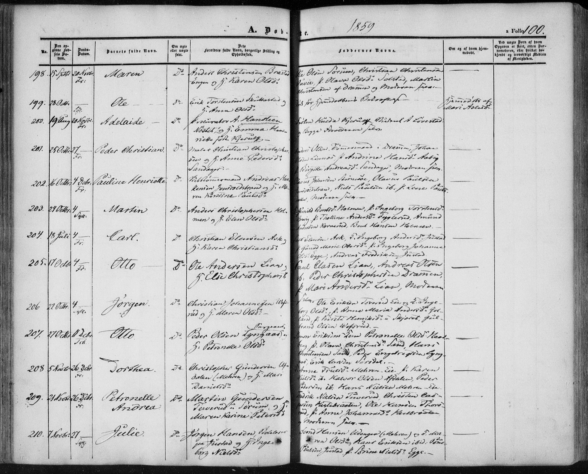 Lier kirkebøker, SAKO/A-230/F/Fa/L0012: Parish register (official) no. I 12, 1854-1864, p. 100