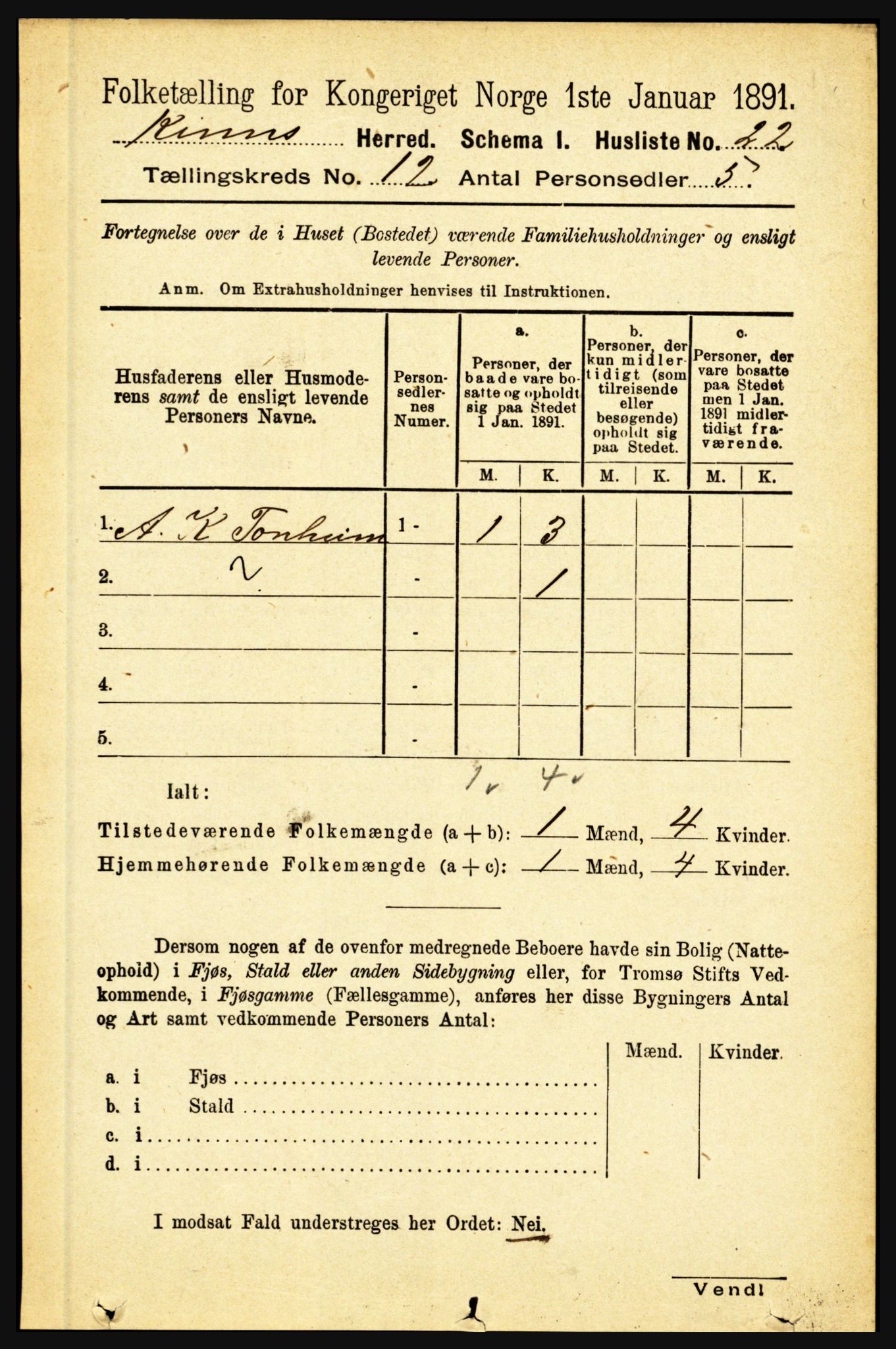RA, 1891 census for 1437 Kinn, 1891, p. 4452